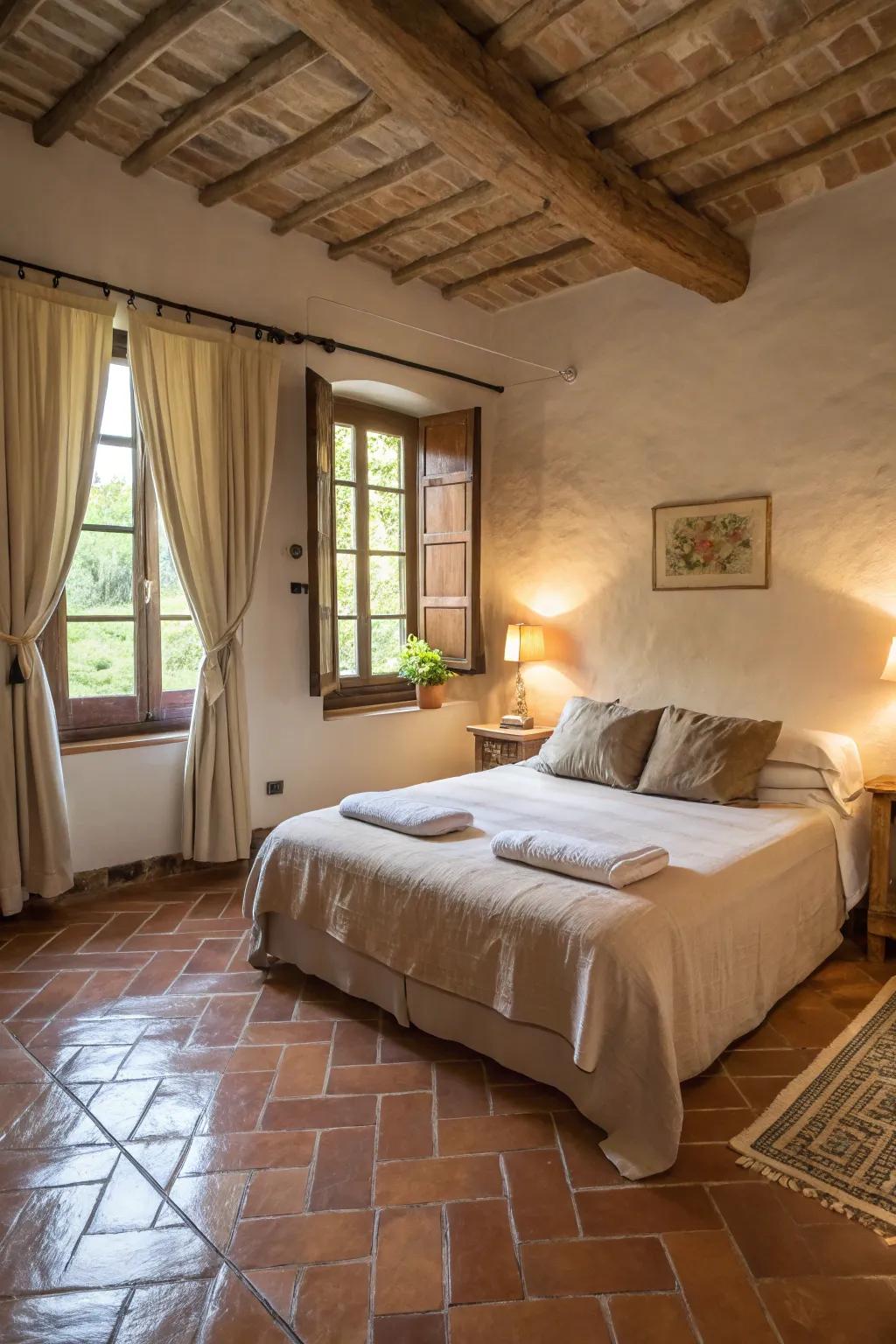 Earth-toned tiles bring a natural tranquility to this peaceful bedroom.