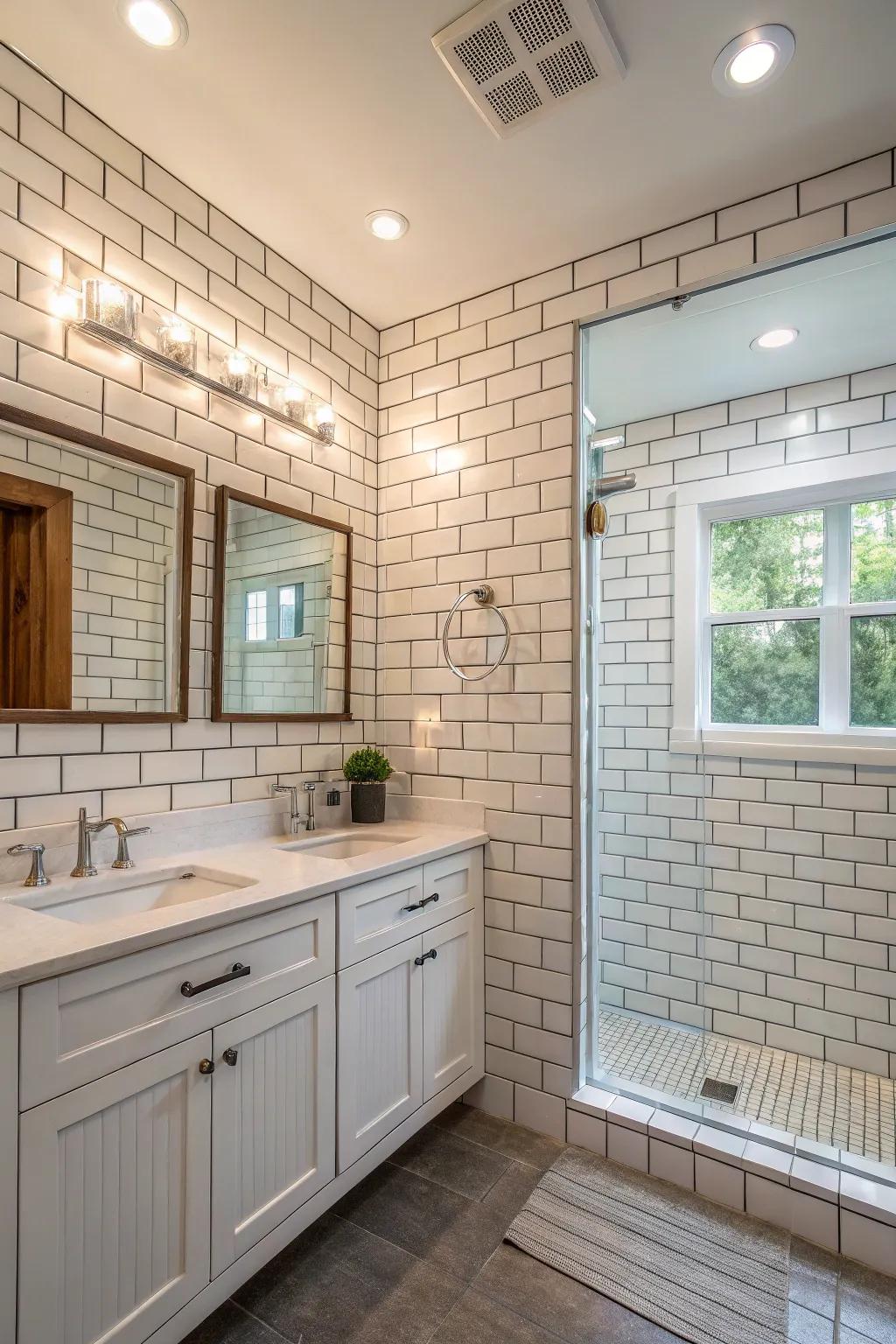 Mixing subway tile layouts creates a chic and modern bathroom design.