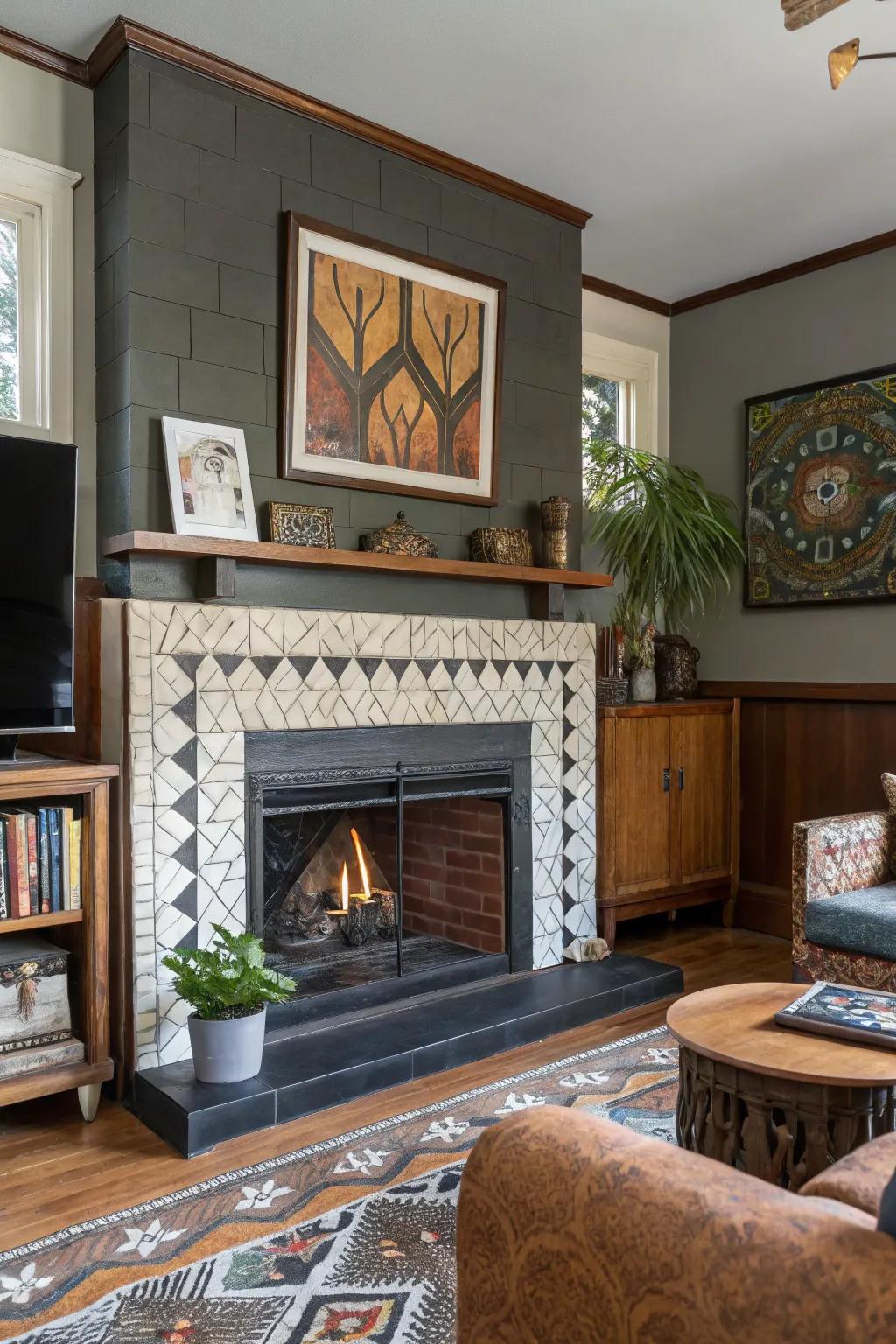 Mixing materials crafts a vibrant and textured fireplace design.