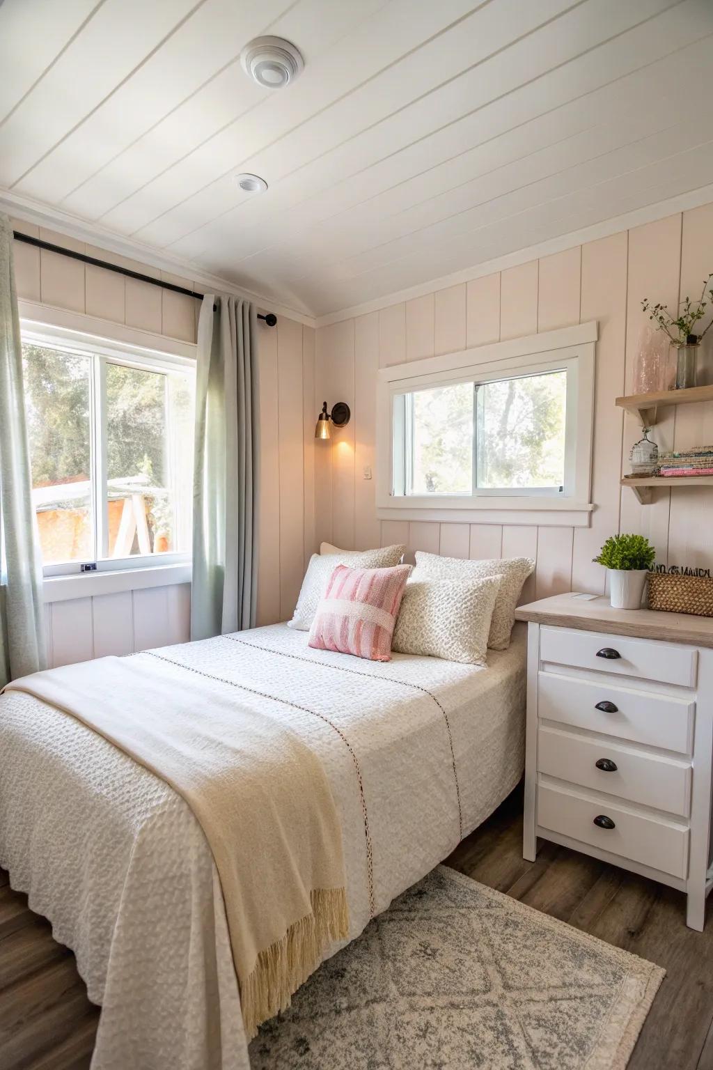 A calming neutral palette that enhances the feeling of space in the bedroom.