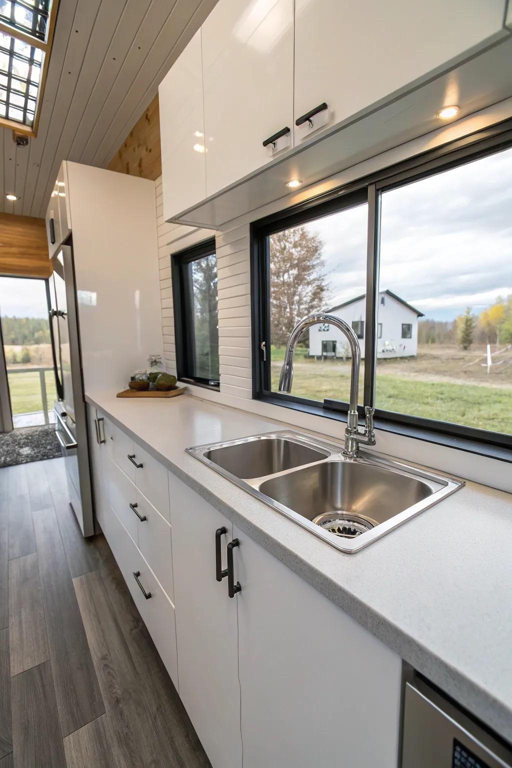 A streamlined under-mount basin enhancing surface area in a tiny house kitchen.