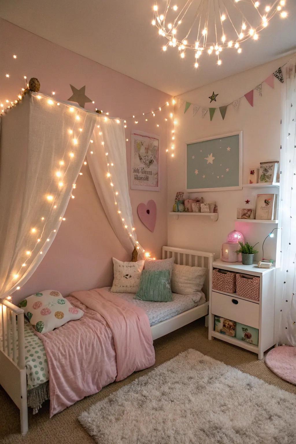 Fairy lights sprinkle a magical radiance into your toddler's room, impeccable for bedtime narratives.