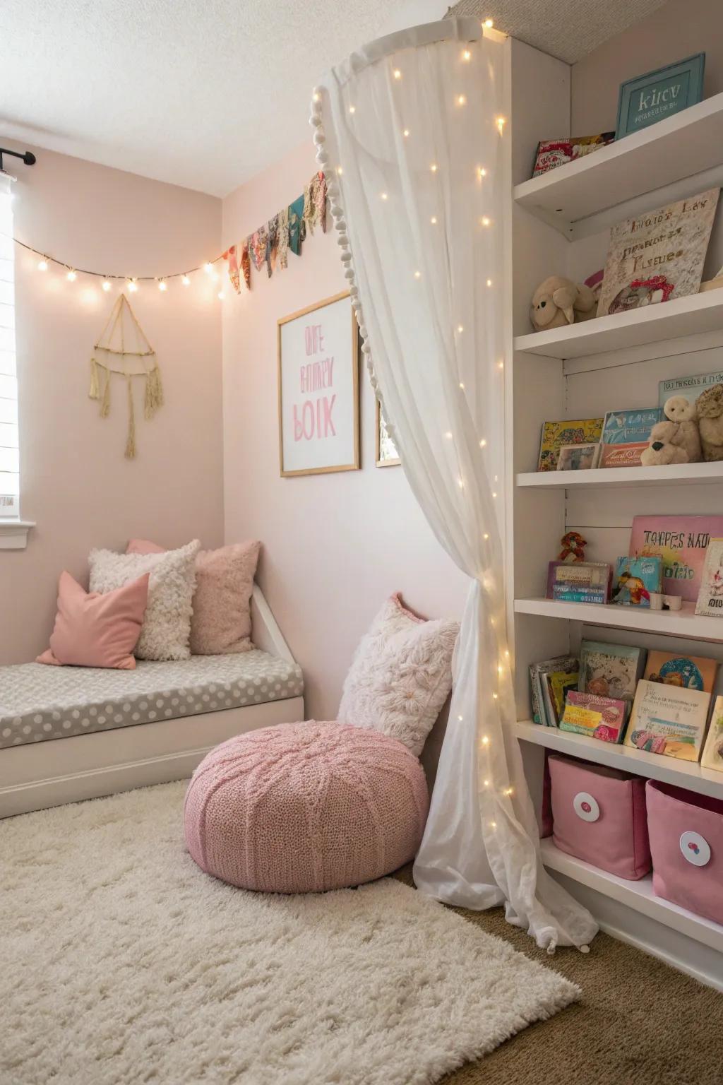 A reading nook beckons your child into the universe of books.