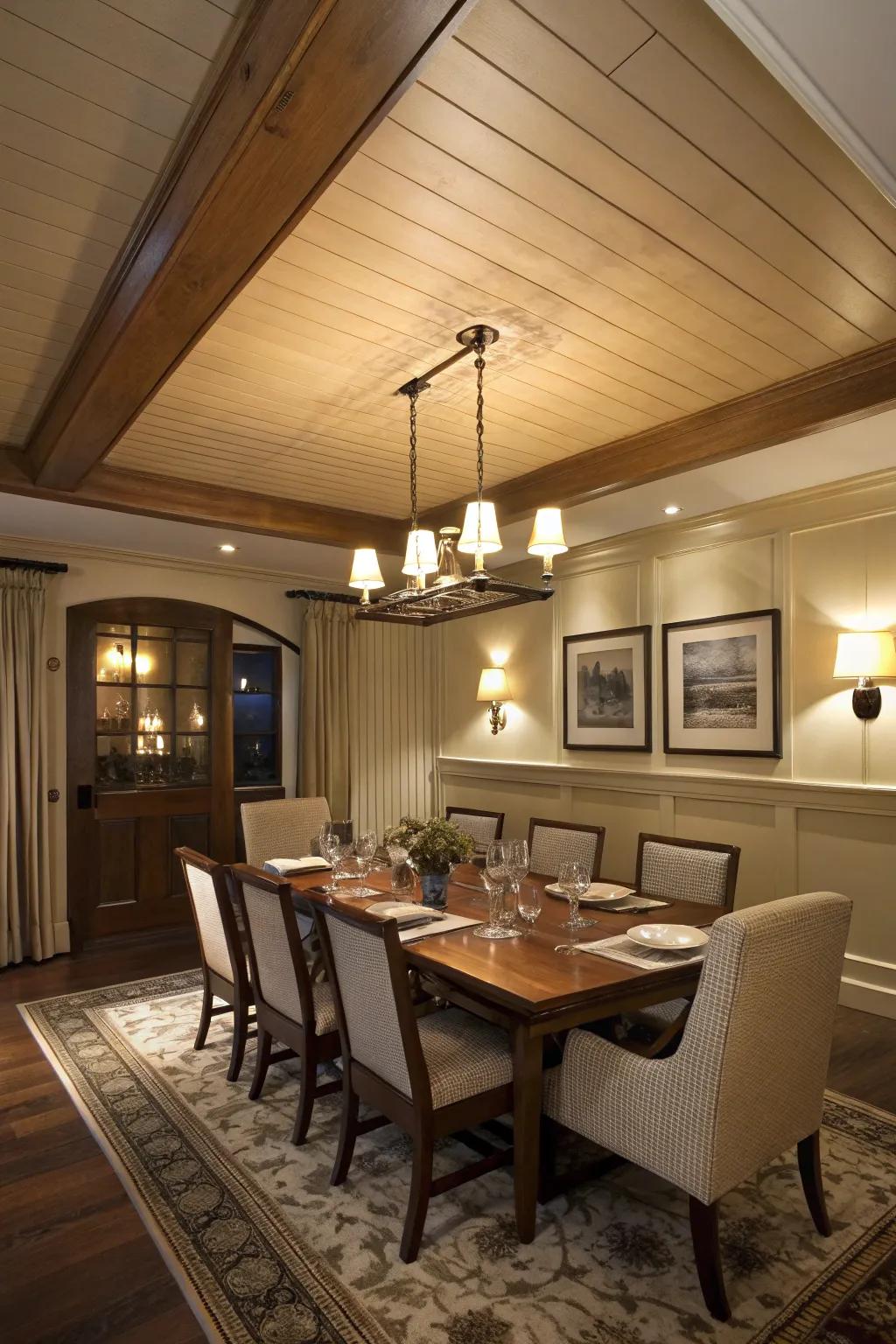 An interlocking plank ceiling introduces dramatic charm to this dining zone.