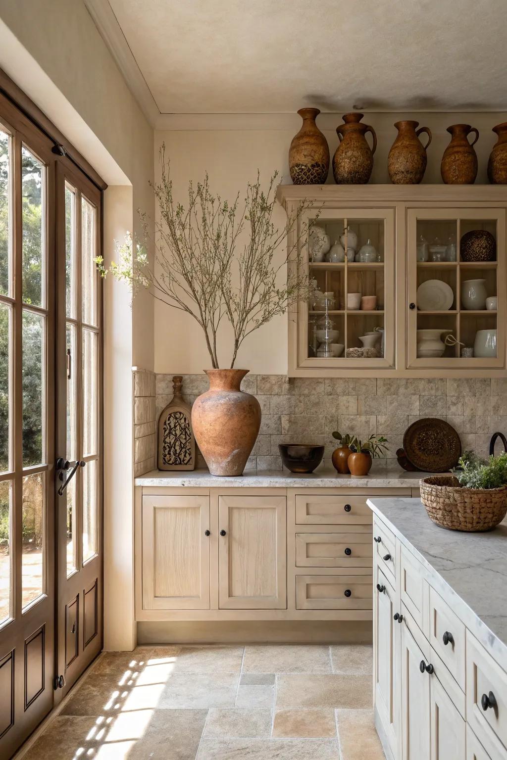 Achieve an air of sophistication with a calming palette of neutral tones above your cabinets.