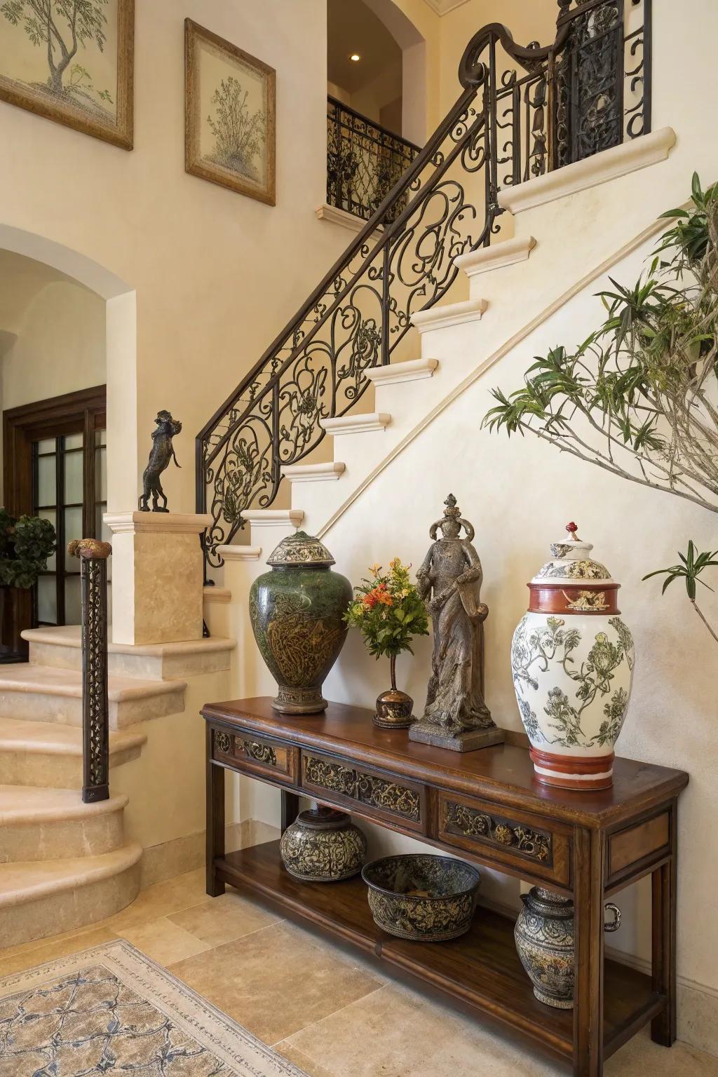 Decorative additions inject a personalized element to the top of staircases.