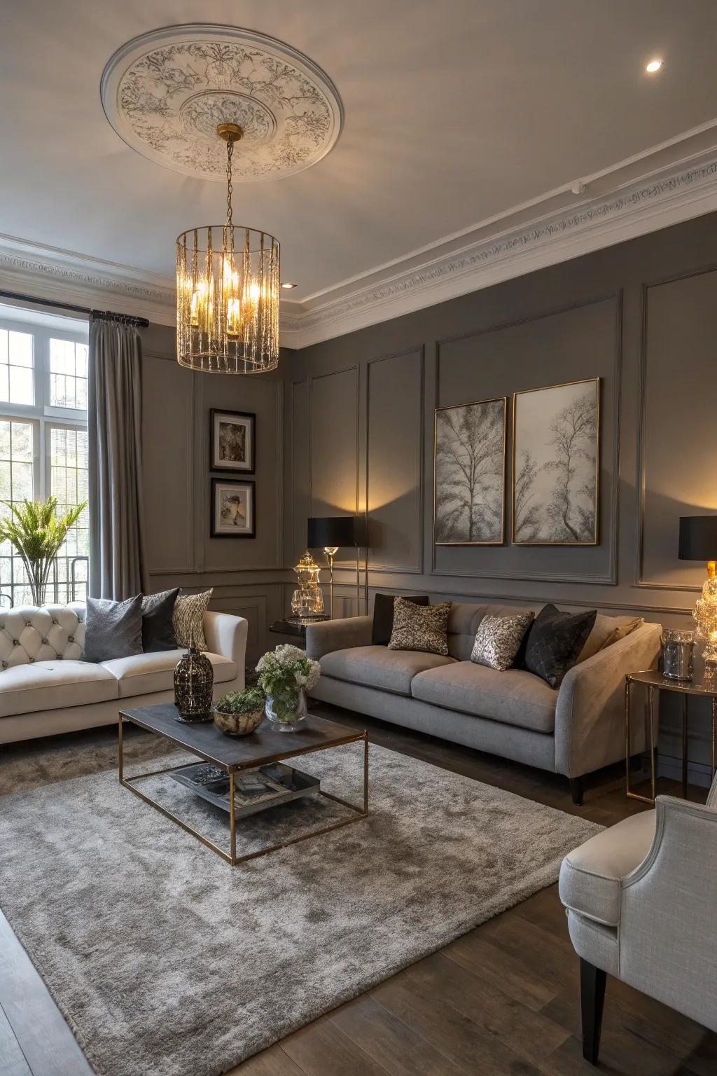 A townhouse lounge sporting brooding grey walls for a stylish vibe.