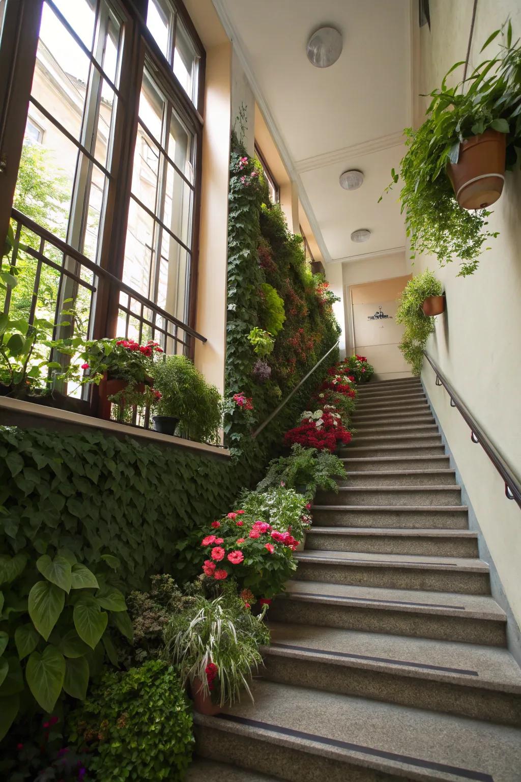 Greenery enriches the staircase with a natural ambiance.
