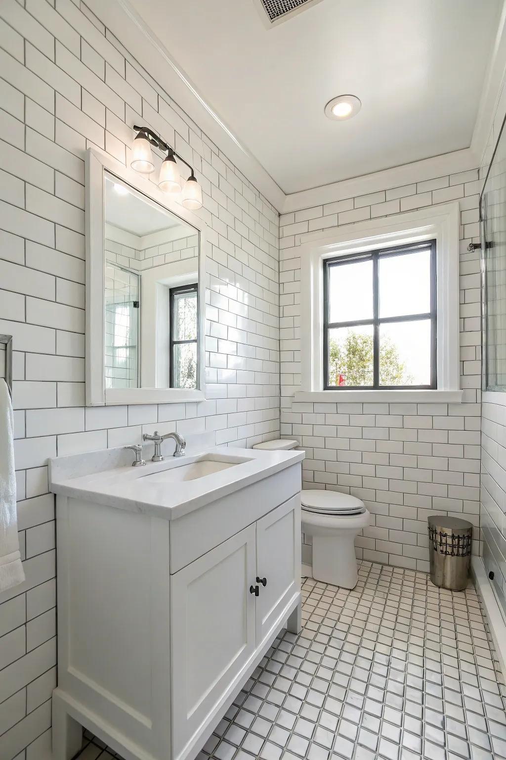 A white bathroom featuring classic brick-style tiles that create a clean and polished aesthetic.