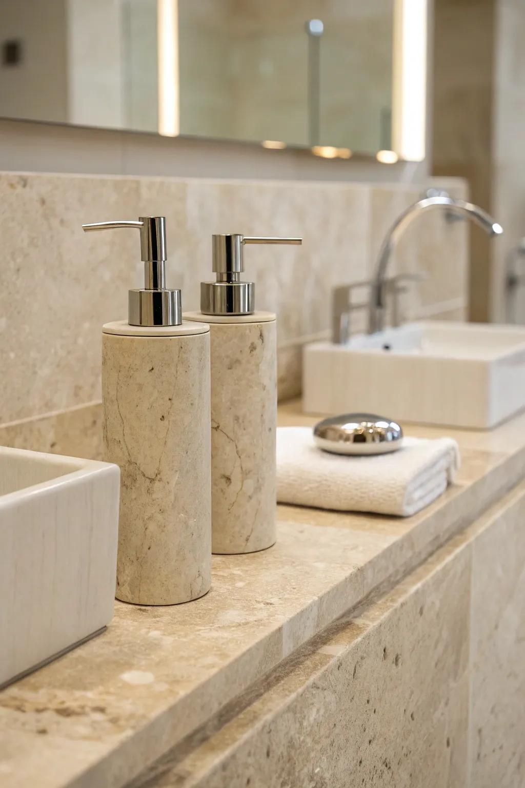 A travertine bathroom highlights minimalist fixtures in sleek, polished metal.