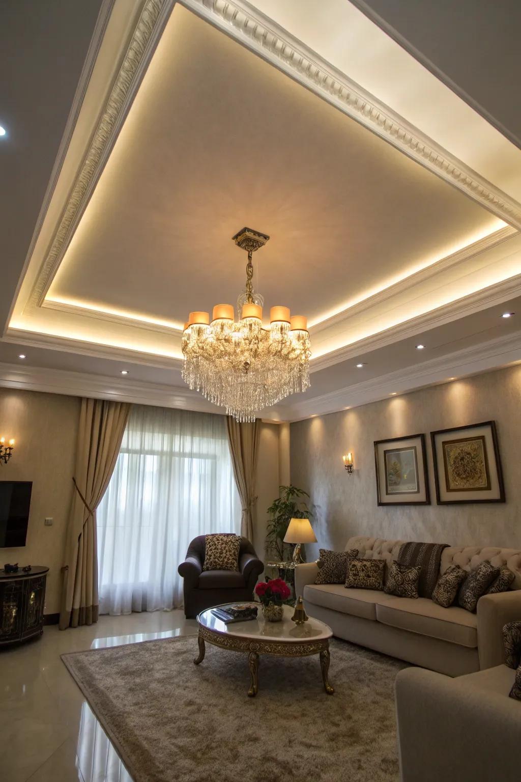 A living room featuring a dramatic double tray ceiling and layered illumination.