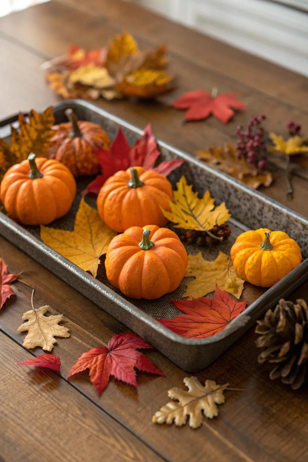 A fall-inspired tray featuring miniature pumpkins and colorful fall foliage.