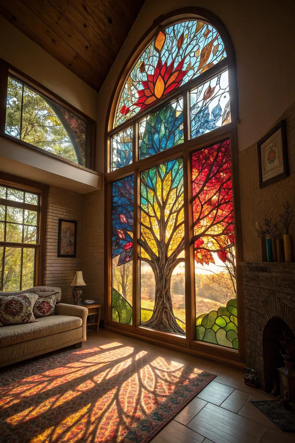 Colorful stained glass Eternal Tree window fills a space with light.