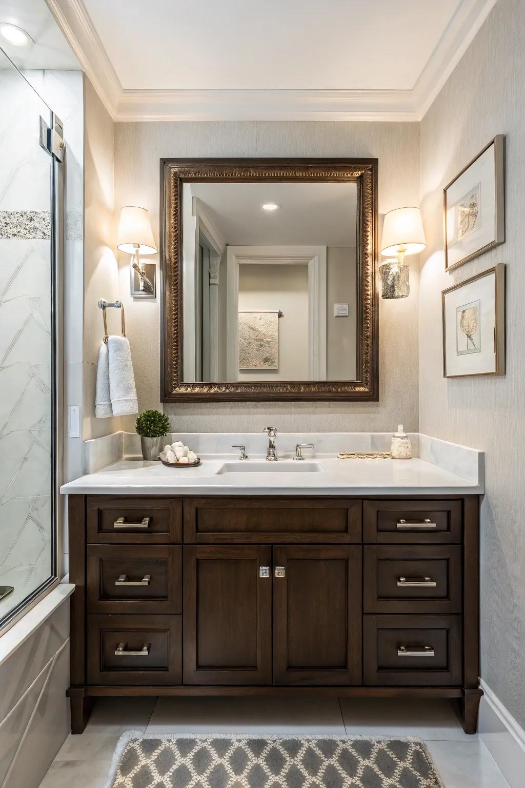 A notable element of this bathroom is a striking mirror, which enhances the vanity’s presence.