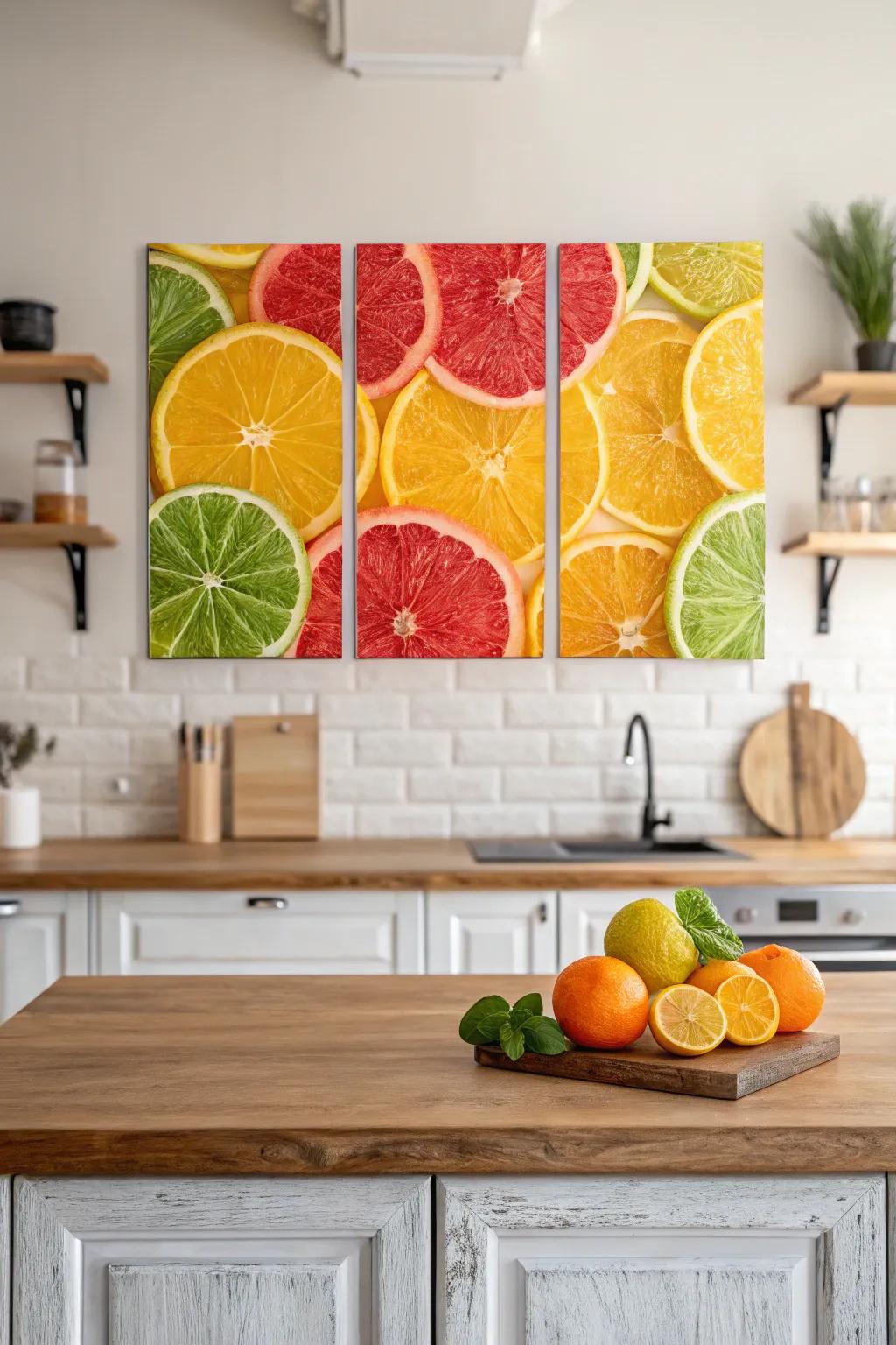 Citrus slices in a vibrant triptych perfect for the kitchen.