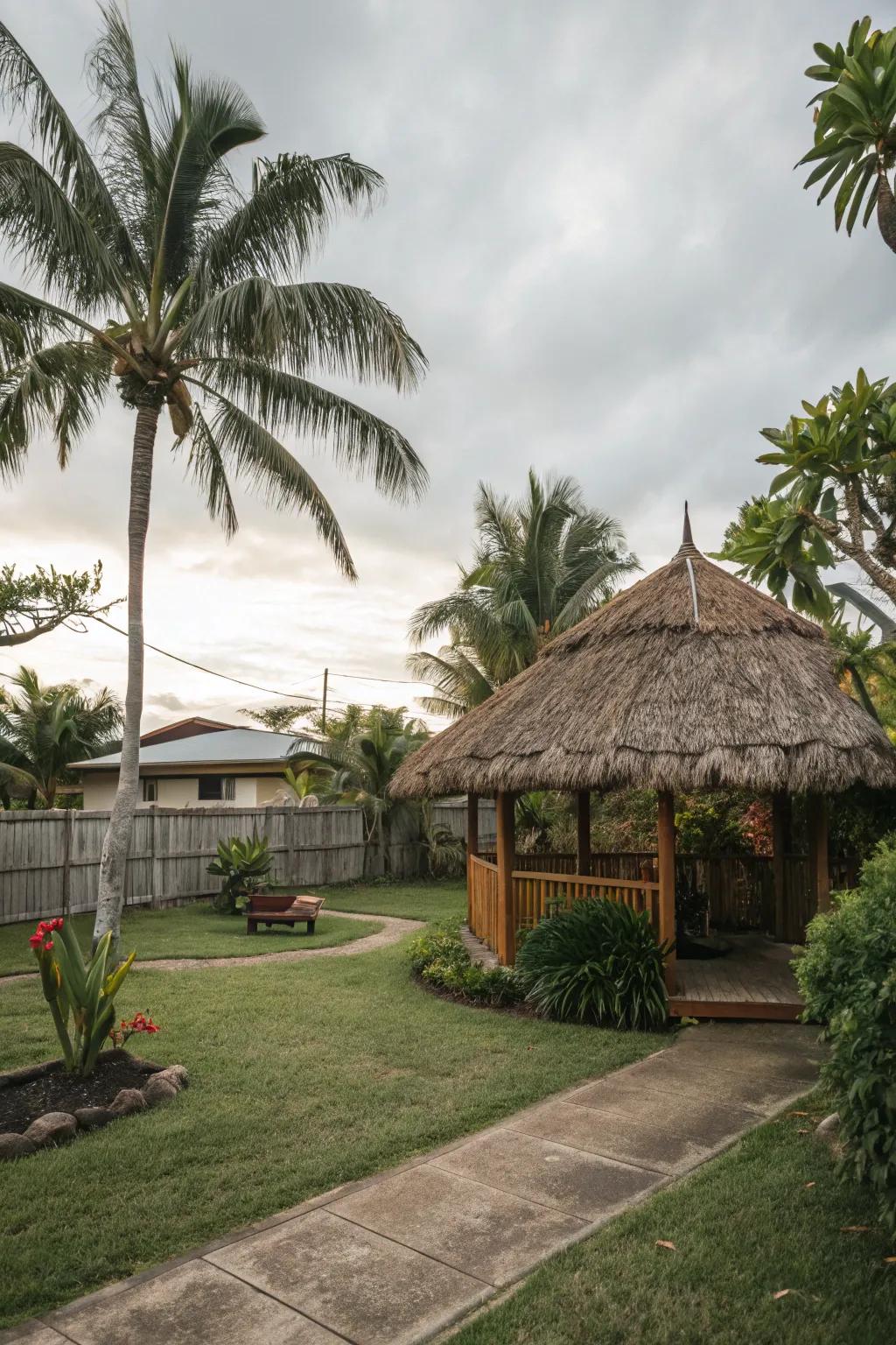 A thatched roof den extends a shaded, intimate escape inside the backyard.