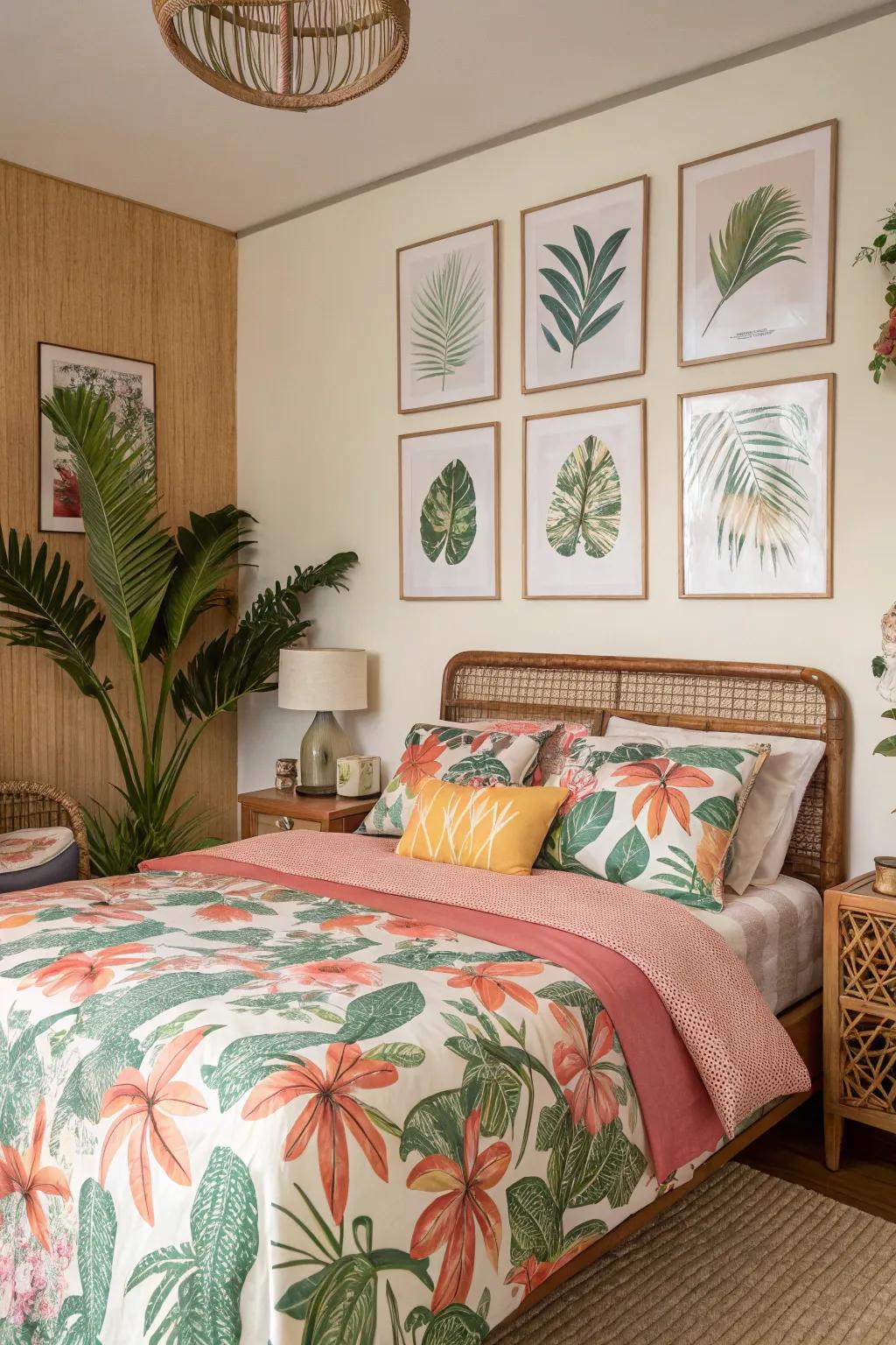 Tropical prints infuse character and warmth into your bedroom.