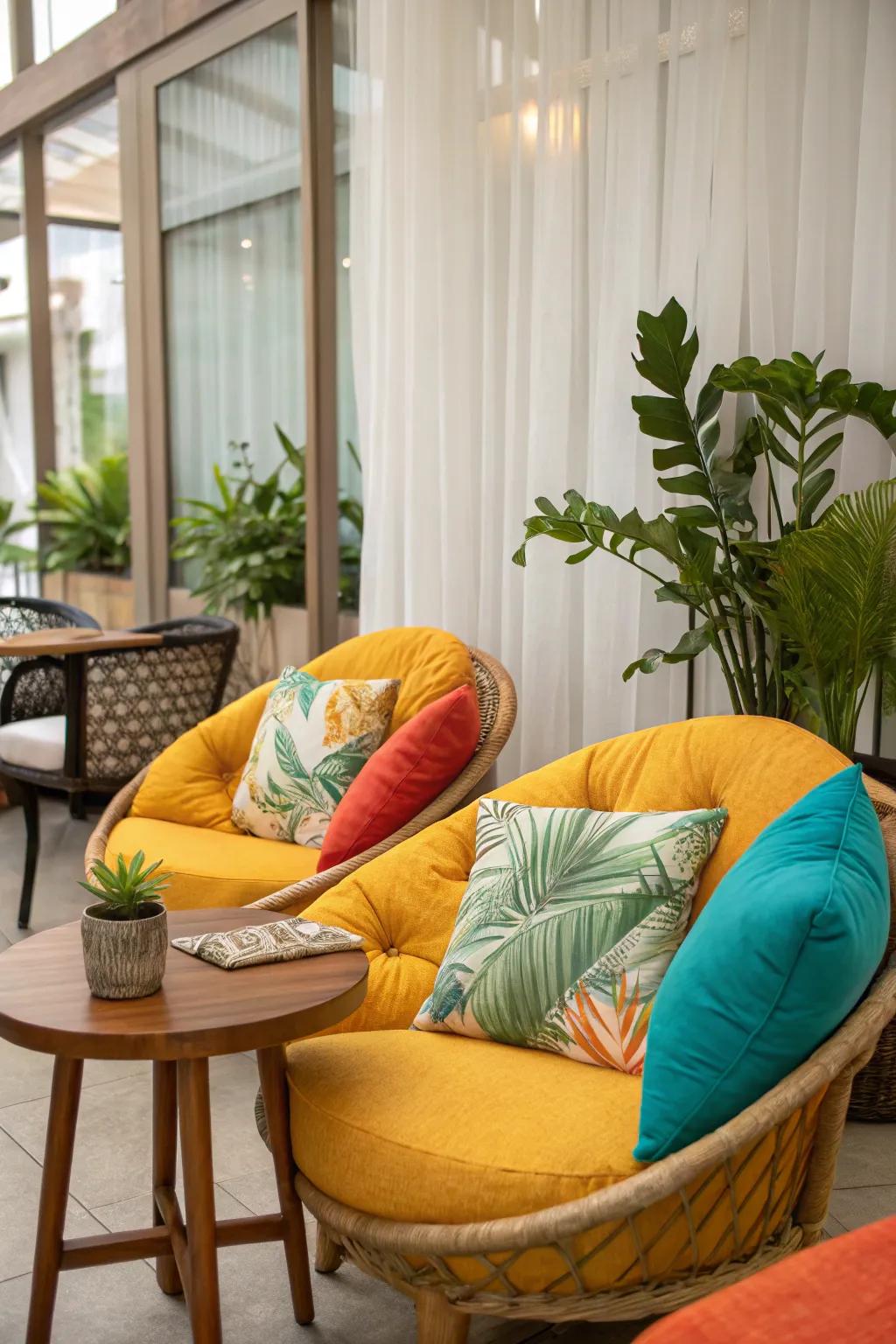 Comfortable seating with plush cushions enhances the tropical feel.