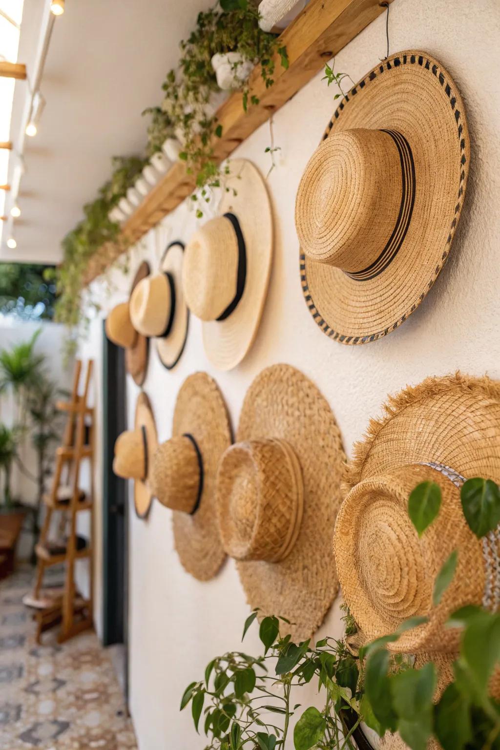 Woven headwear brings a laid-back, tropical sensation to walls.
