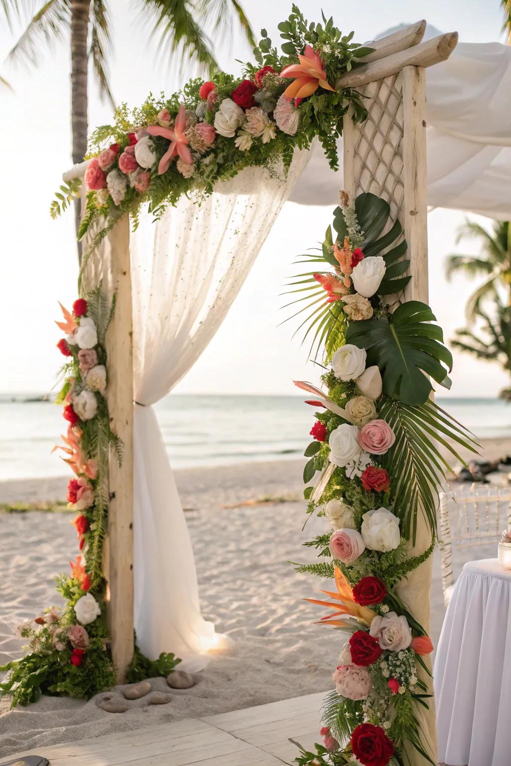 A playful arch showcasing seashells and tropical features.
