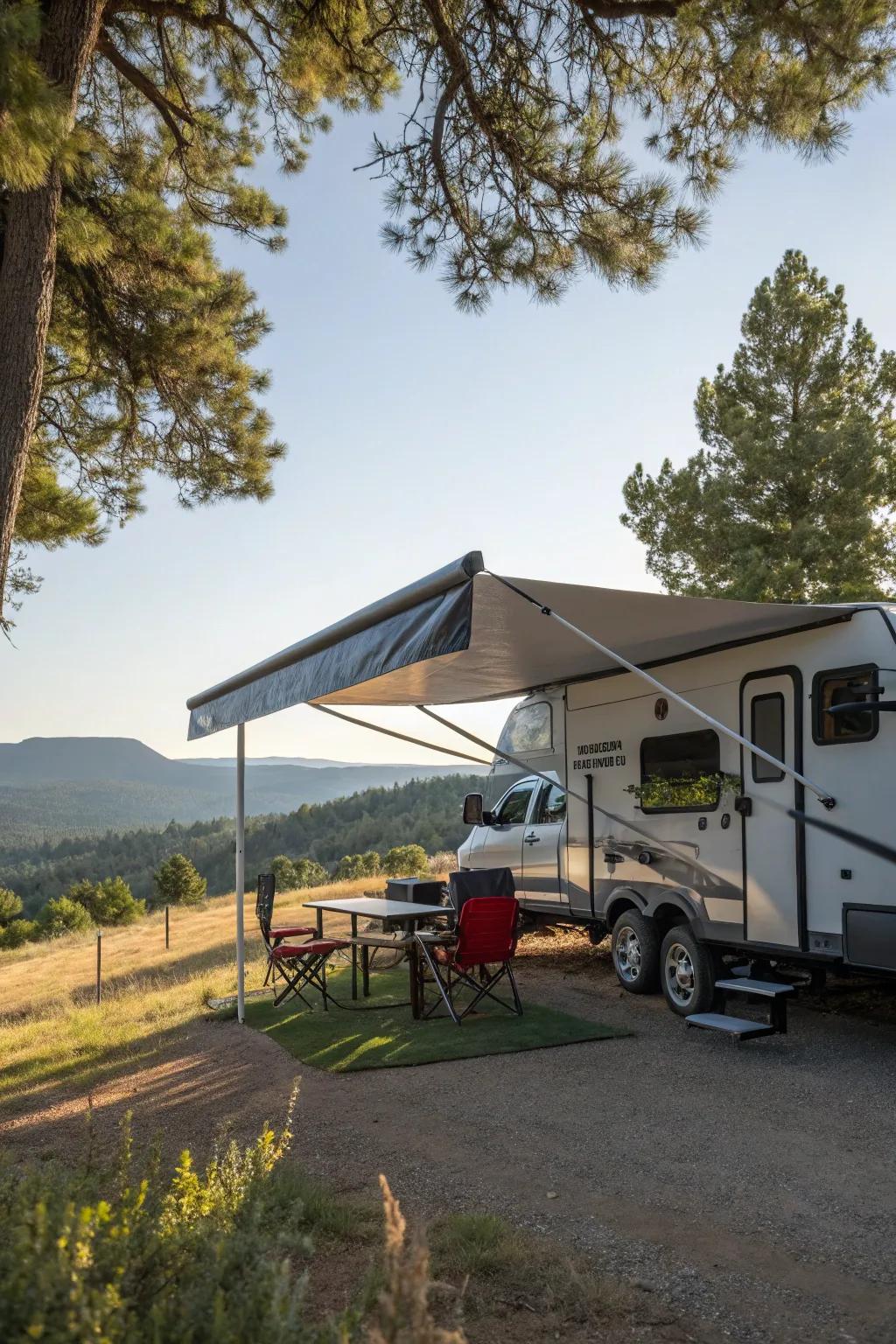Side and rear awning extensions offering extensive shaded space.