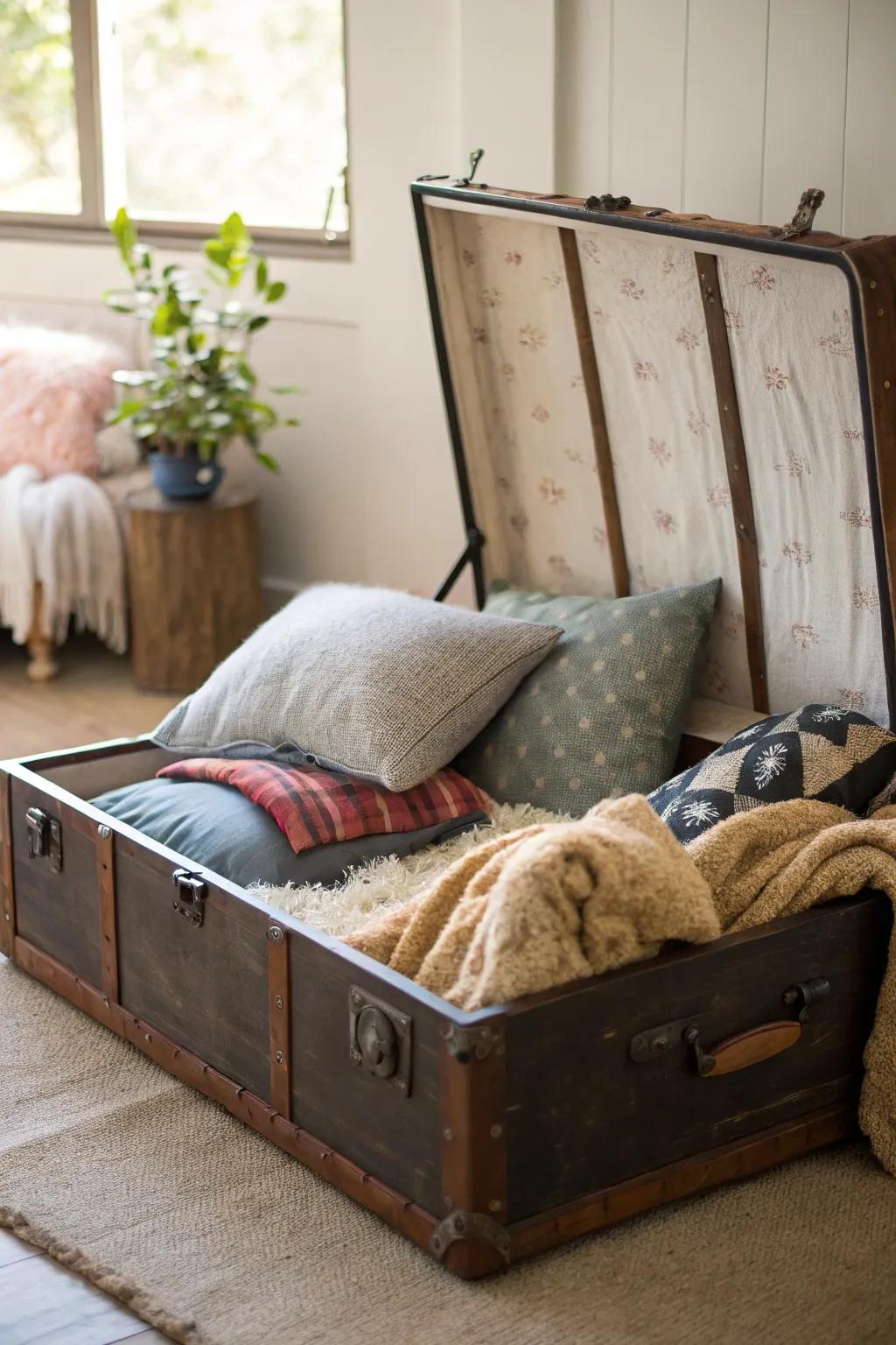A trunk transformed into a cozy pet bed, perfect for any furry friend.