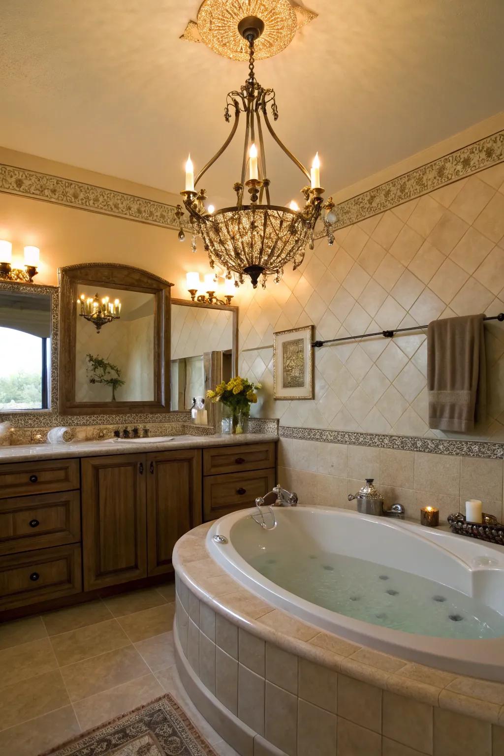 A tub deck beautifully lit by an ornate chandelier.