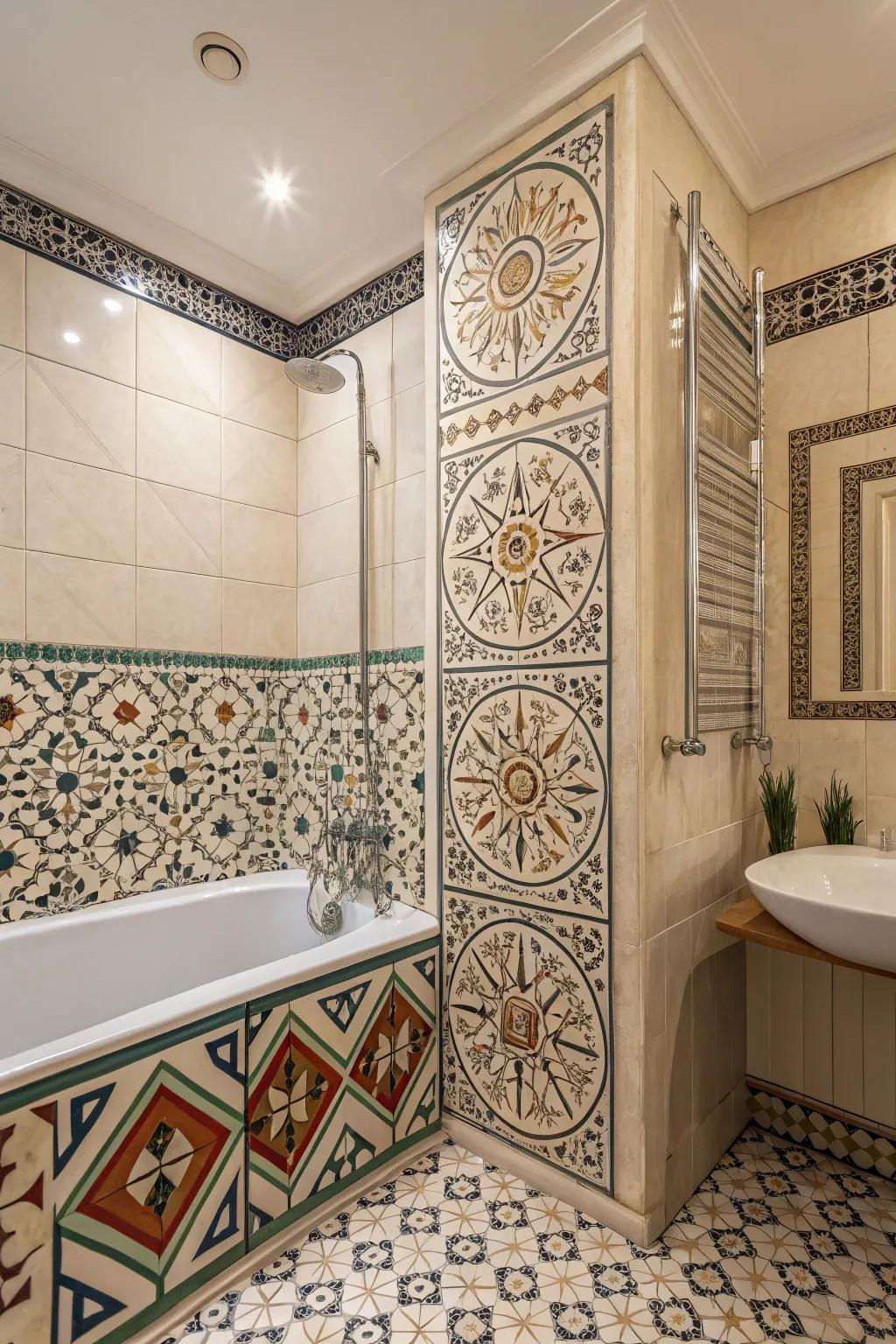Complex tile details introduce texture and visual charm to the tub and shower space.