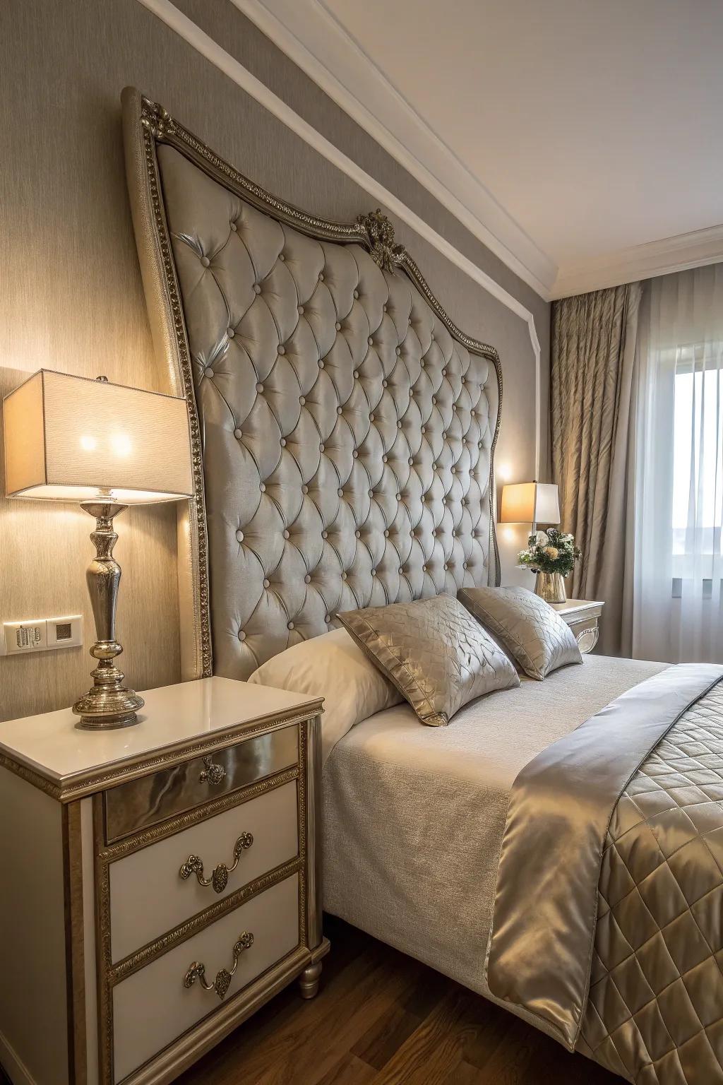 A glamorous bedroom showcasing a tufted headboard with metallic accents.