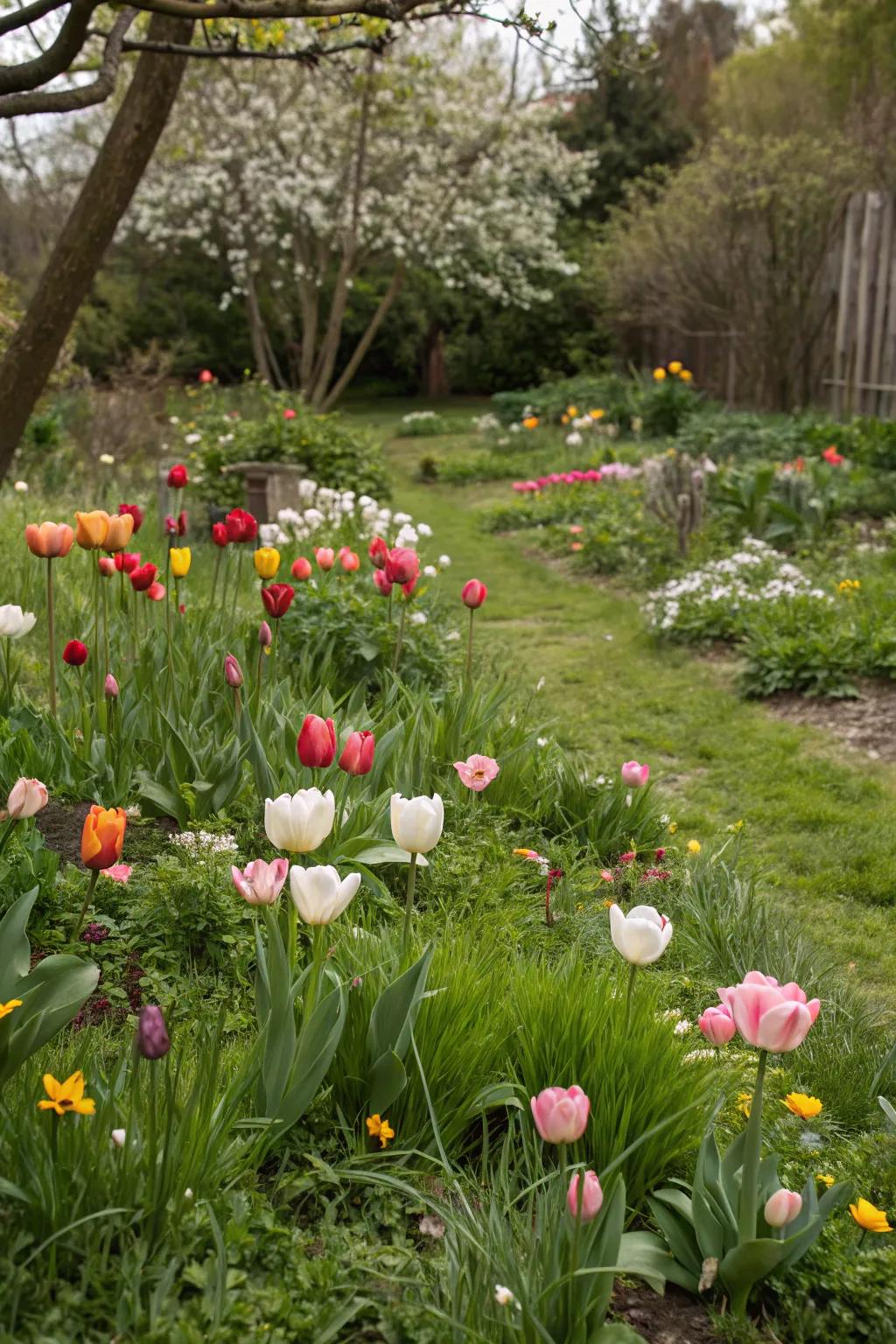 An unstructured tulip planting, delivering an organic and relaxed garden atmosphere.
