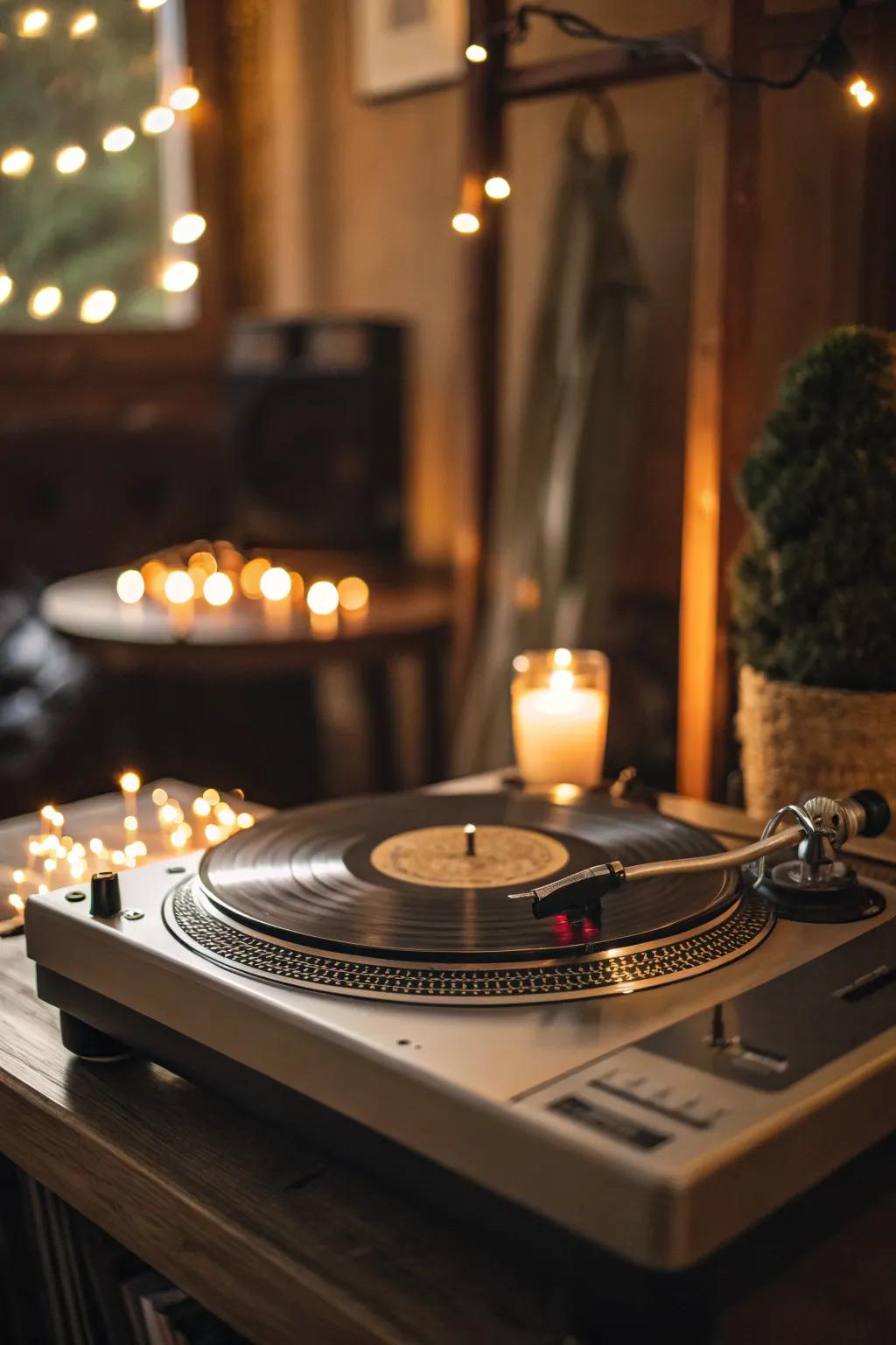 Warm lighting enveloping a record player in a snug shine.