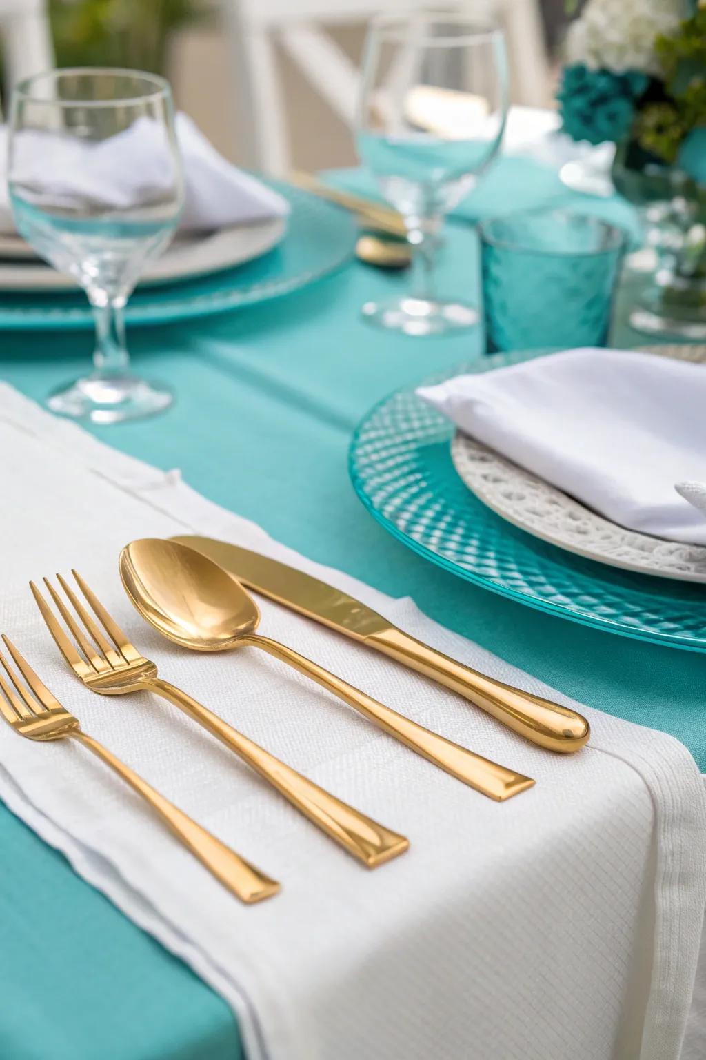 Golden cutlery enhances the azure theme with a hint of luxury.