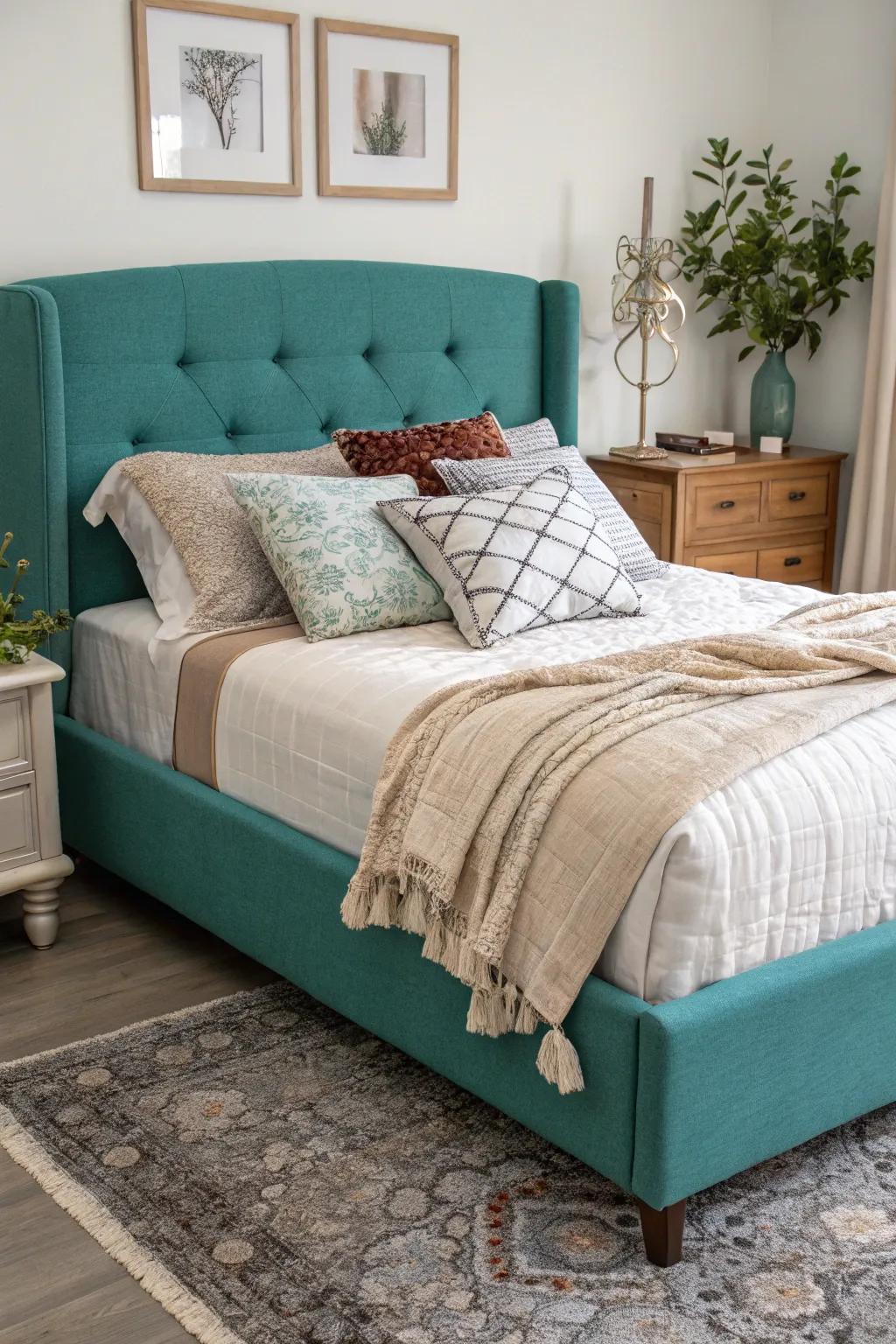 A teal bed with fabric as a standout piece.