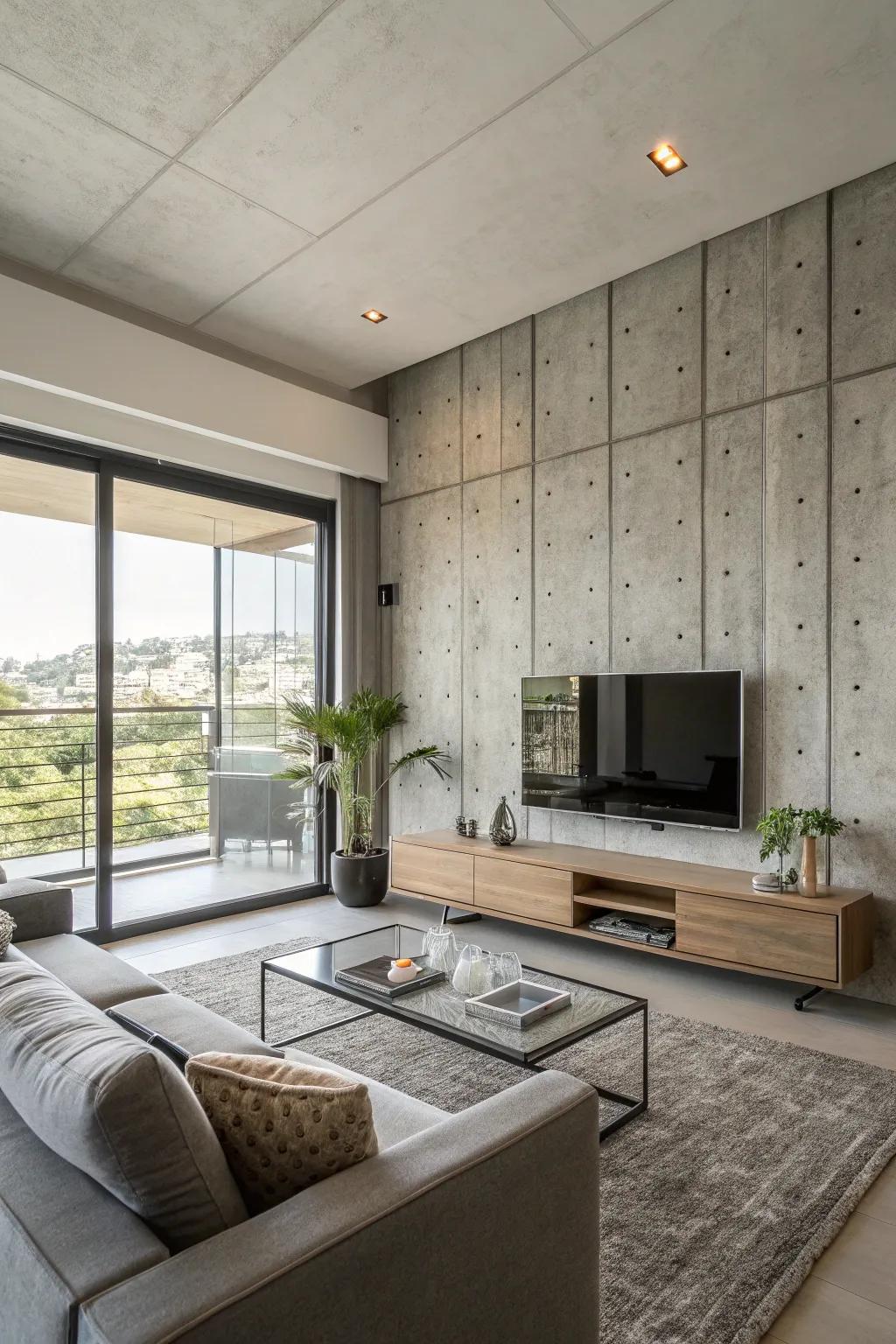 A concrete finish gives this TV feature wall a sleek, industrial feel.