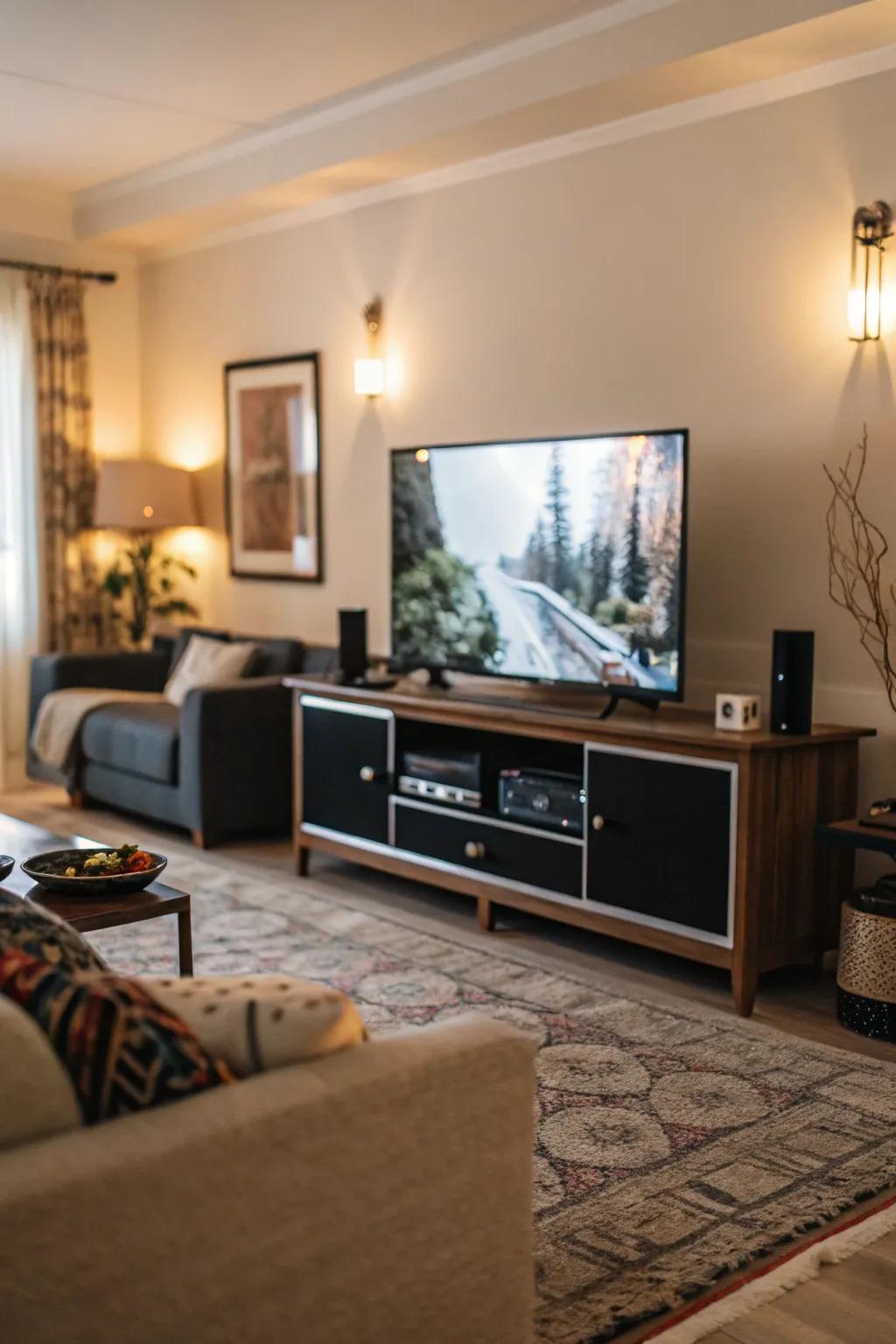 A TV stand design that highlights the television as the room's focal point.