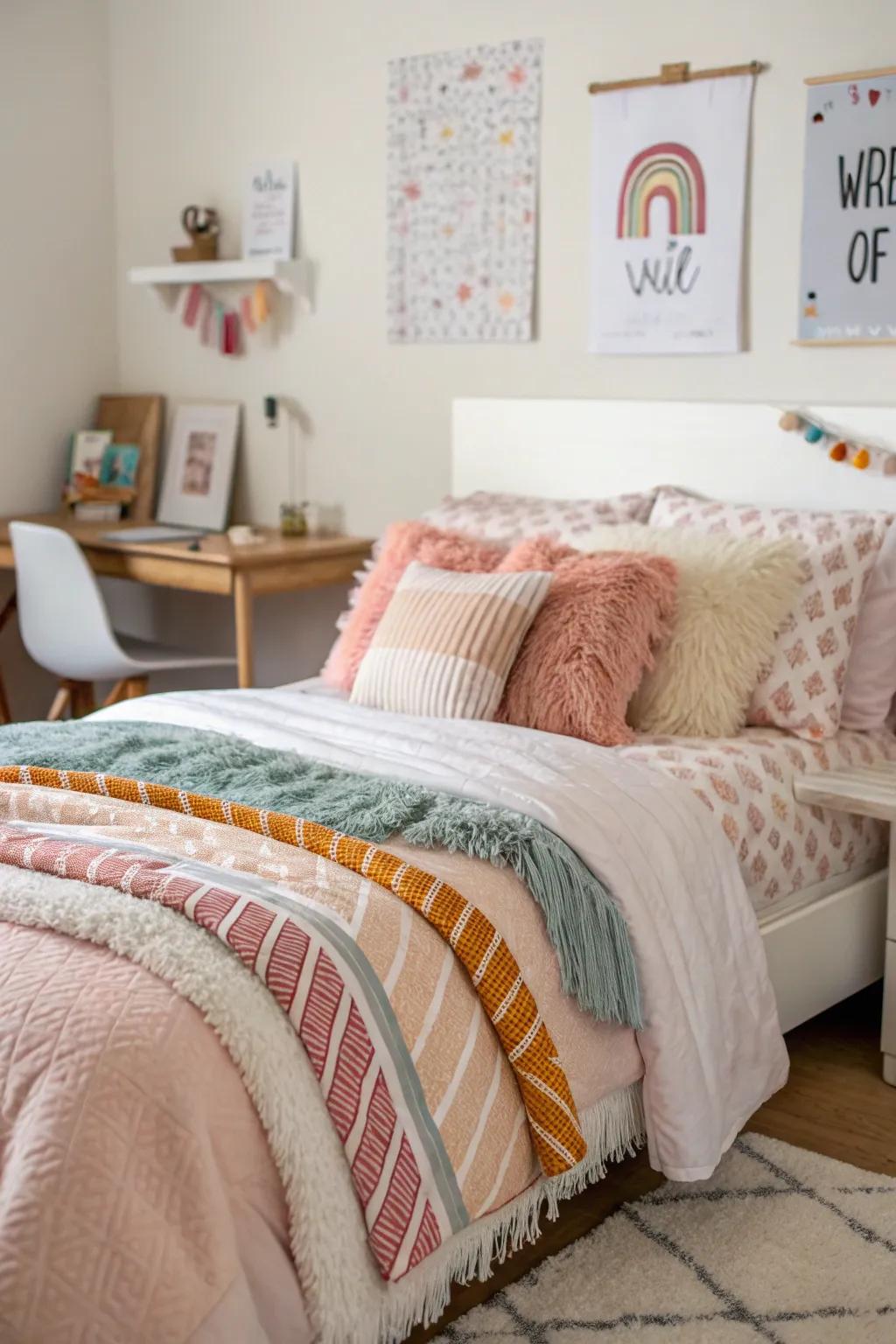 Textured textiles create a cozy, layered look that's both stylish and inviting, enhancing the overall ambiance of the room.