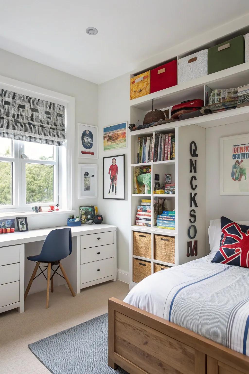 A well-organized bedroom with ample shelving and storage.