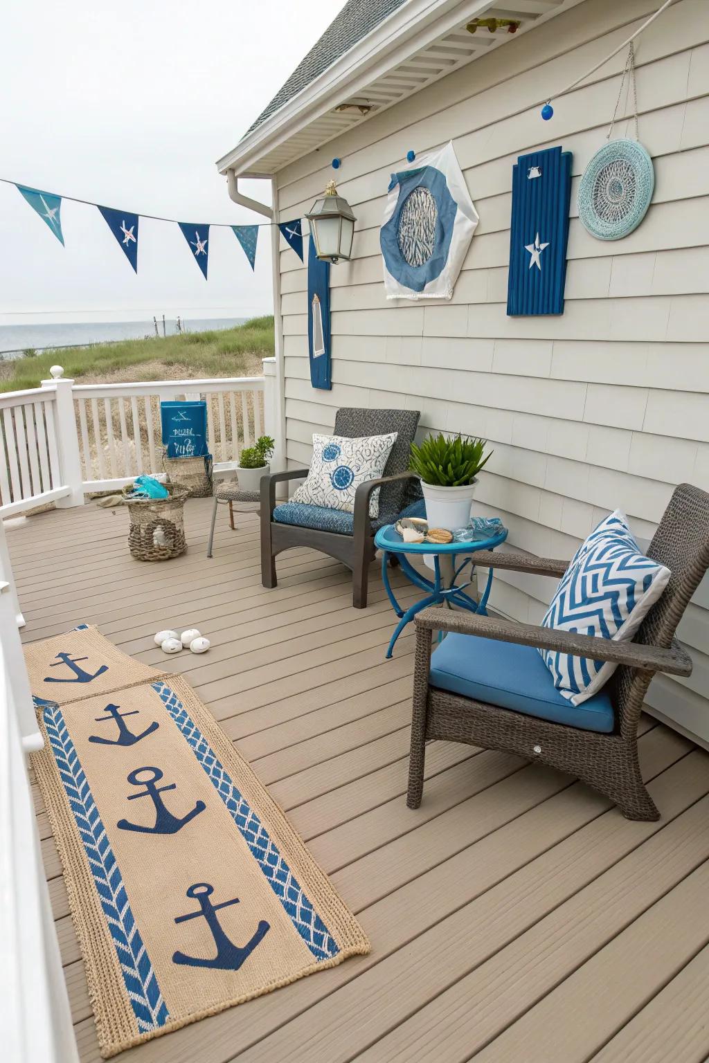Natural beige and deep ocean bring a touch of coastal charm to your deck.