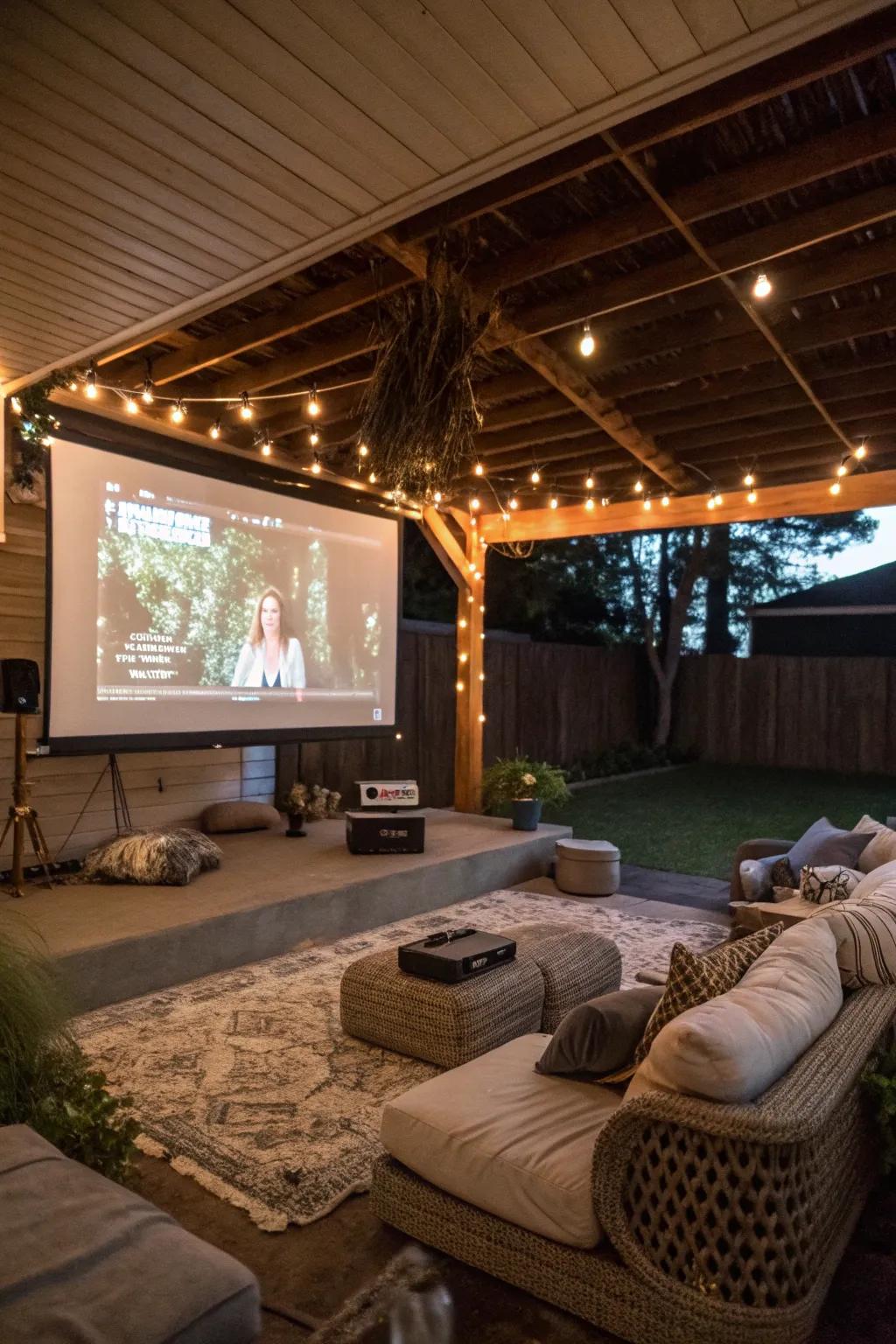 A mesmerizing outdoor cinema beneath the deck, ideal for movie nights.