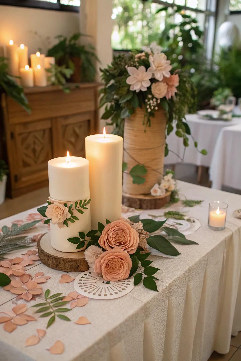 Ornamental paper-crafted flowers and leaves append whimsy to this unity candle station.