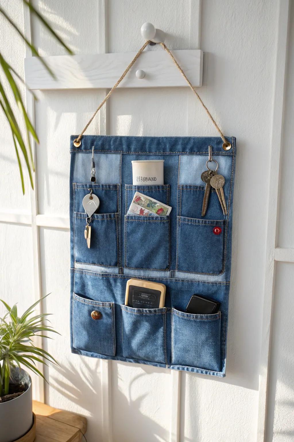 Enhance your entrance with a fashionable denim wall space-saver made from reimagined jeans pockets&mdash;where sustainability meets Scandinavian design!