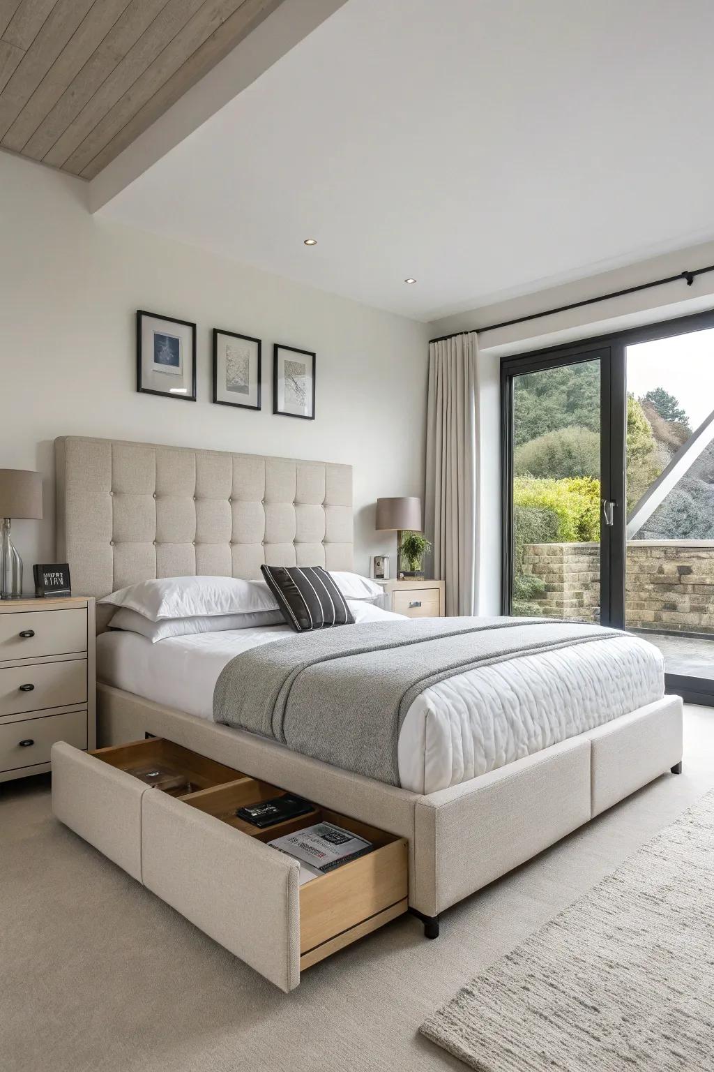 Chic and functional, this storage bed maintains tidiness.