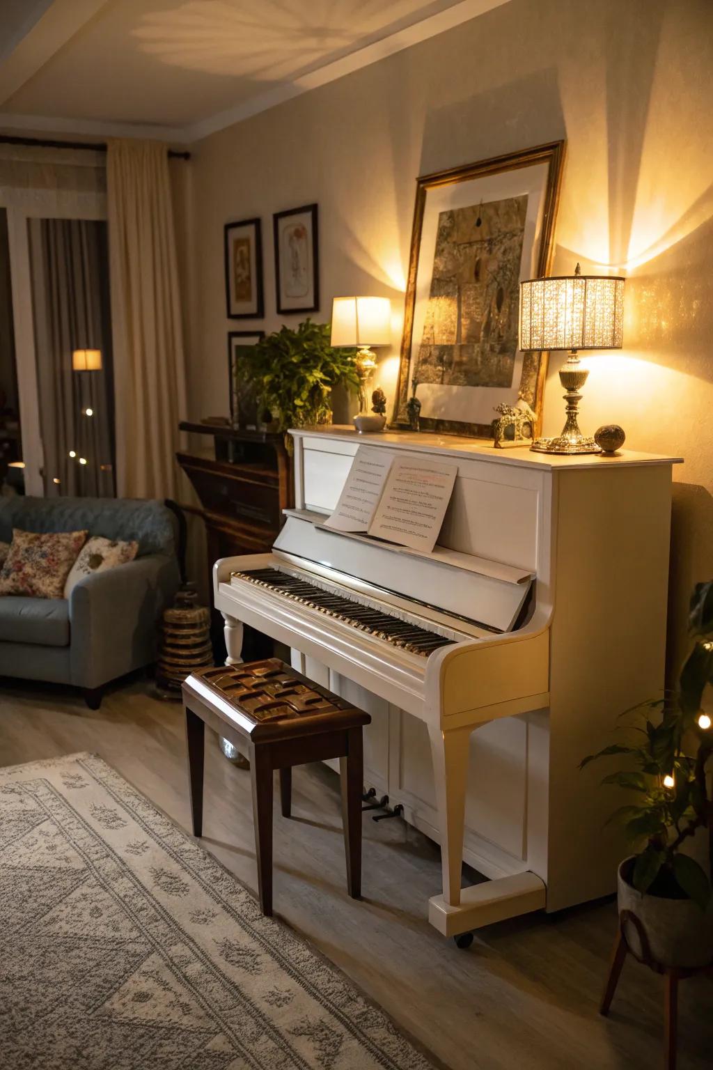 A living room showcasing an upright piano illuminated by stylish lighting.