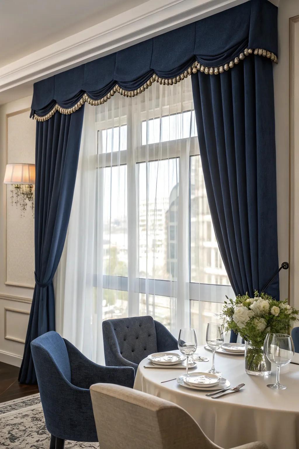 A window featuring a bold marine dressing in a chic eating area.