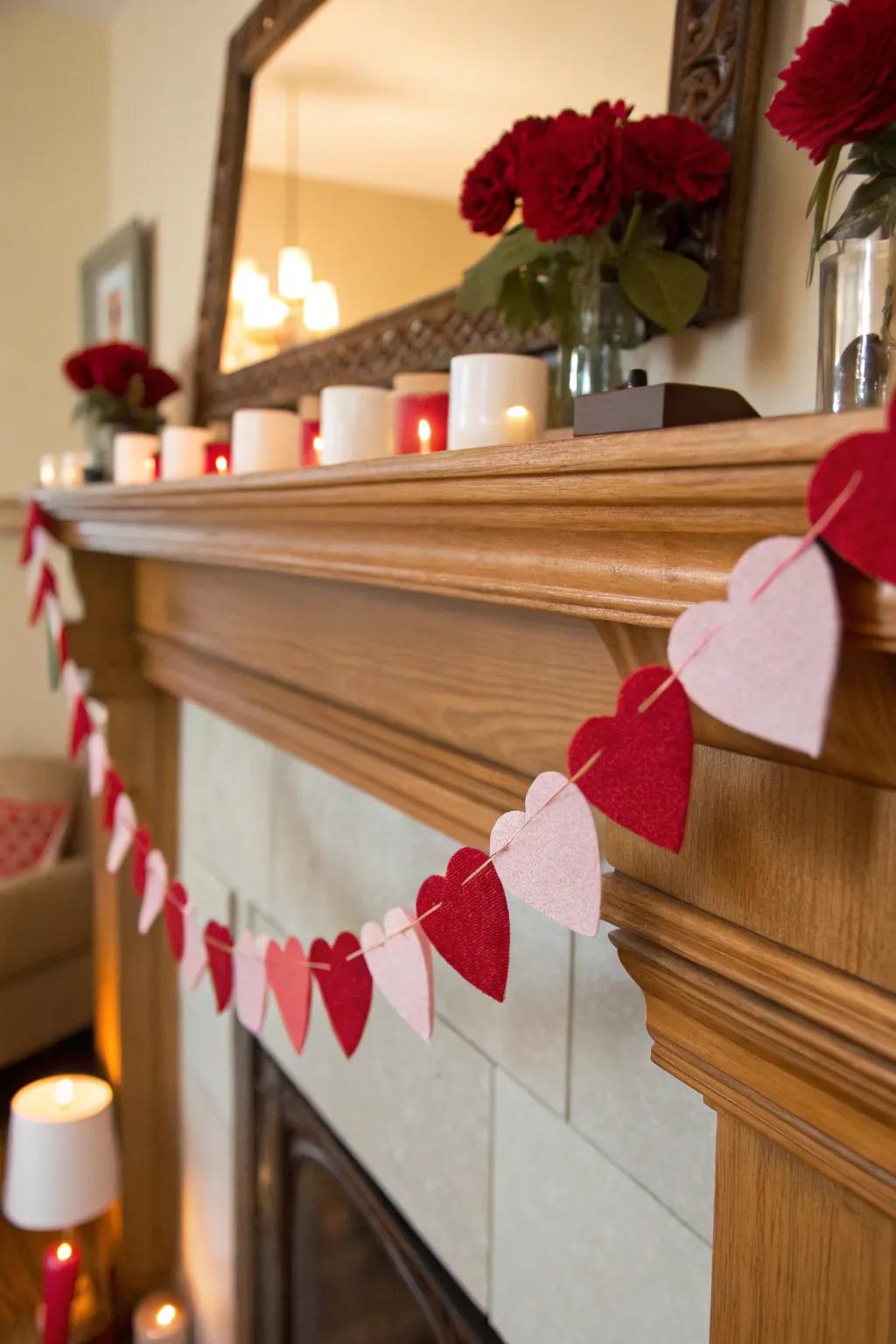 A festive heart garland adds playfulness to the mantel.