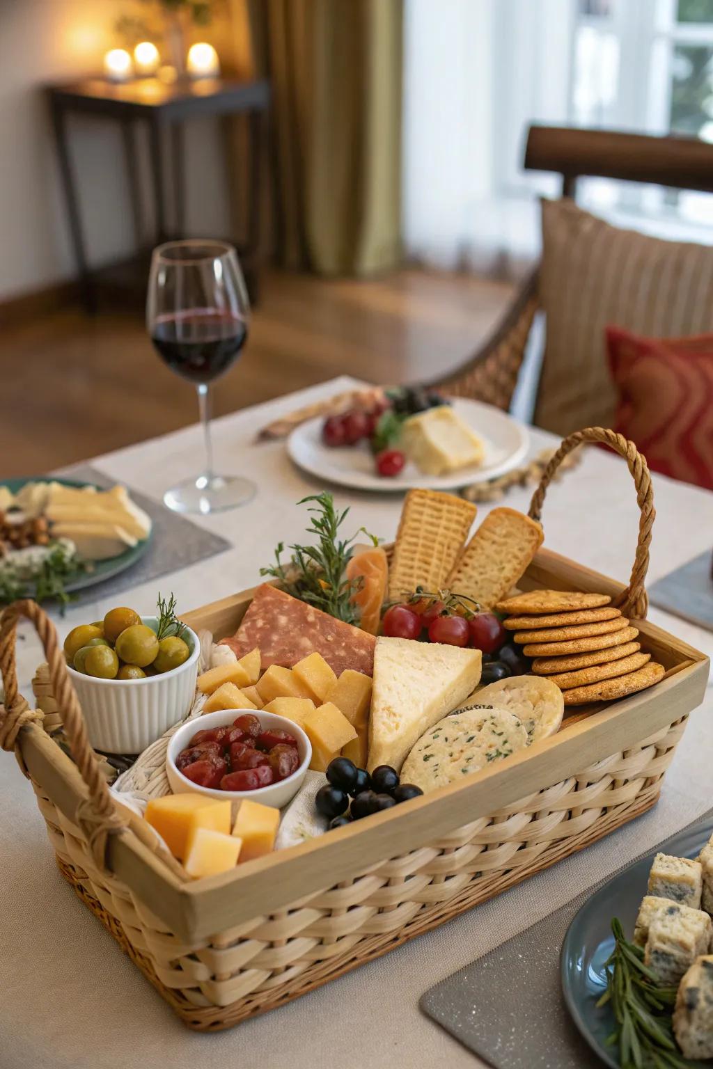 A savory snack basket designed for gourmet lovers.