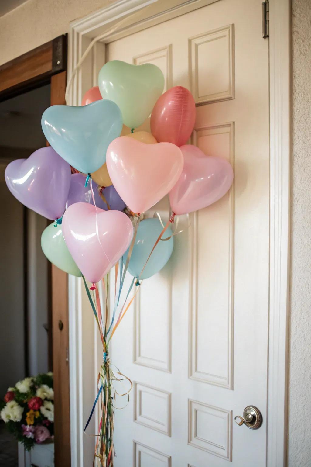 Heart-shaped balloons create a festive and celebratory entrance.