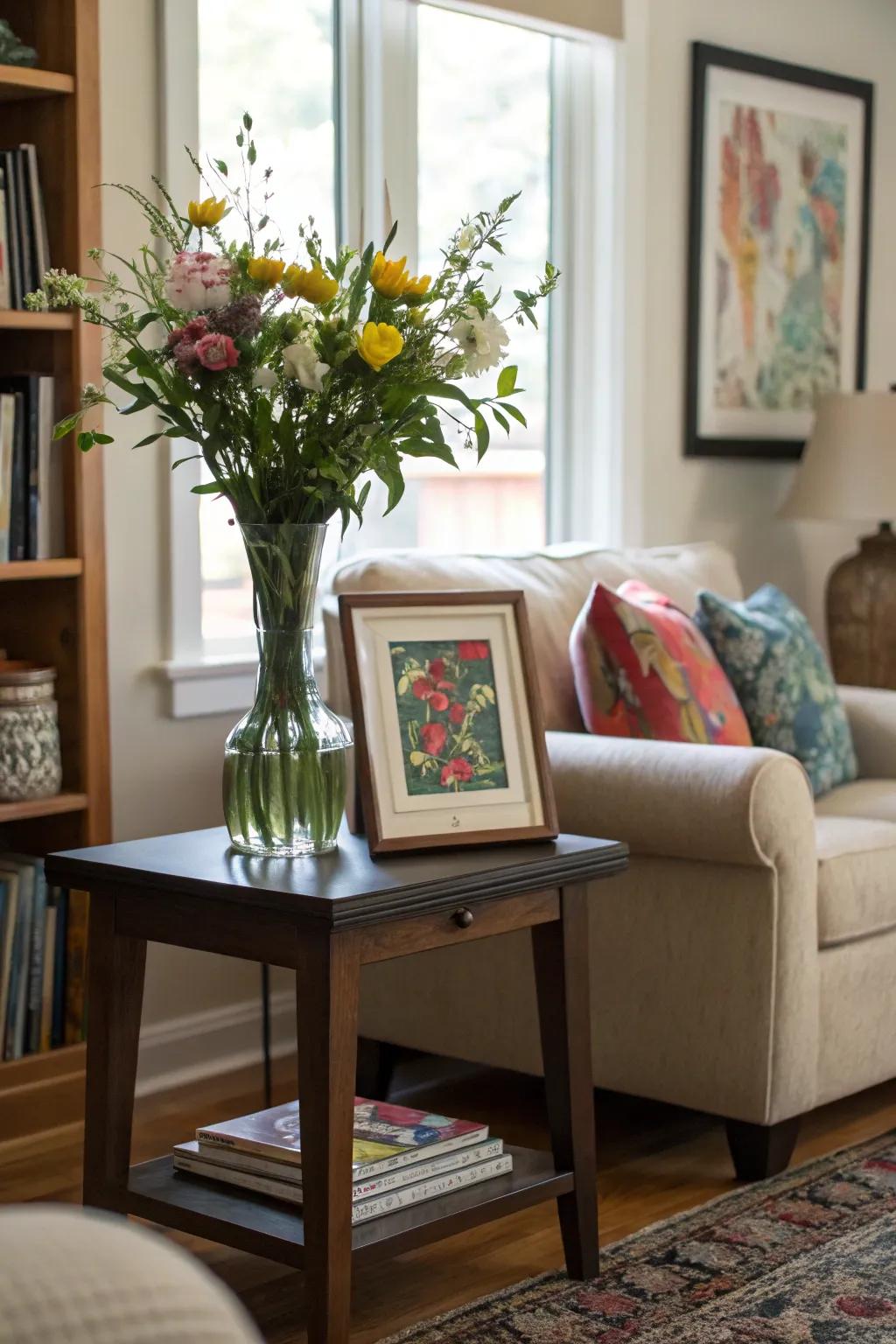 The interplay of vases and artwork crafts a uniquely artistic home corner.