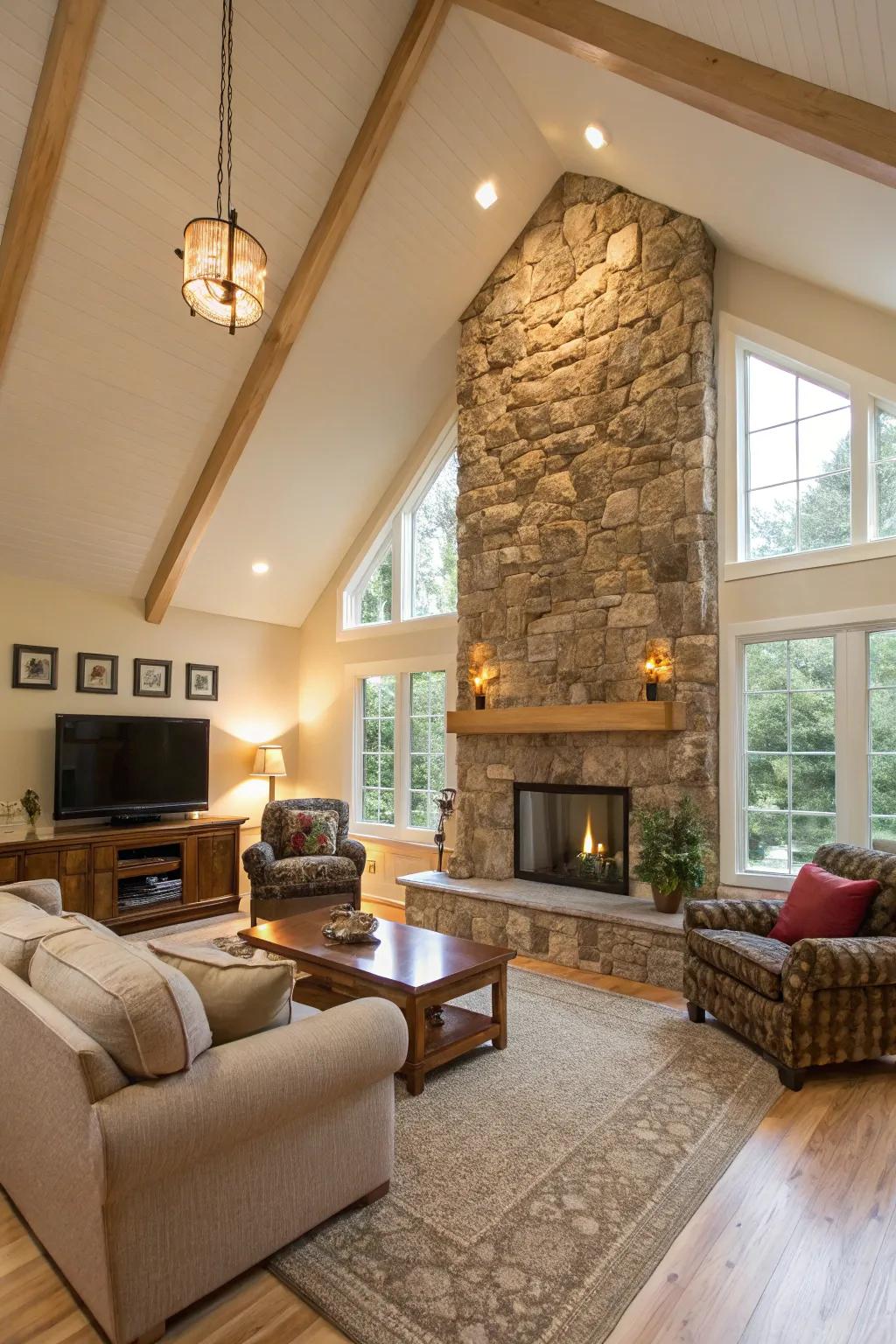 A family room showcasing a vaulted ceiling with a feature wall clad in natural stone