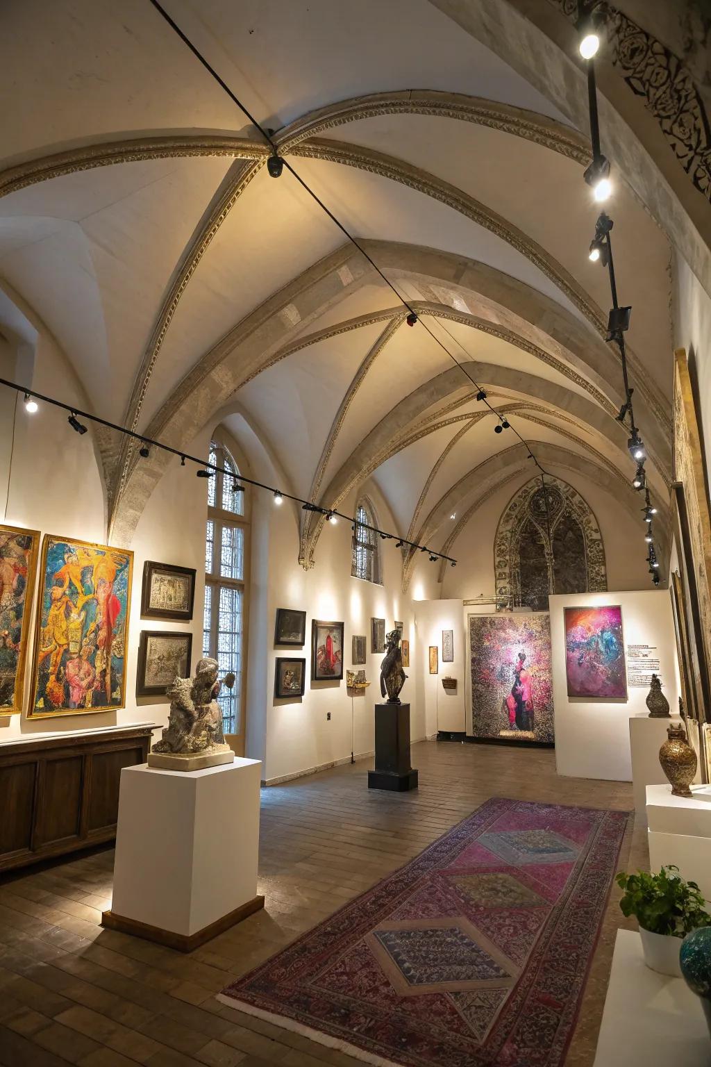 Accent lighting highlights artwork and architectural features.